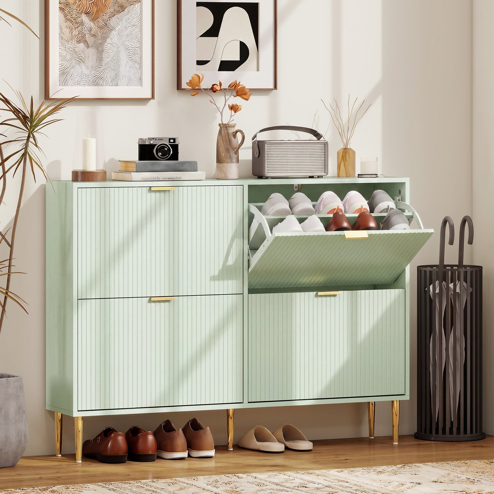 Narrow Shoe Cabinet with 4 Flip Drawers, Modern Slim Shoe Storage Cabinet with Fluted Doors and Adjustable Shelves for Hallway, Holds 10-20 Pairs, Light Green