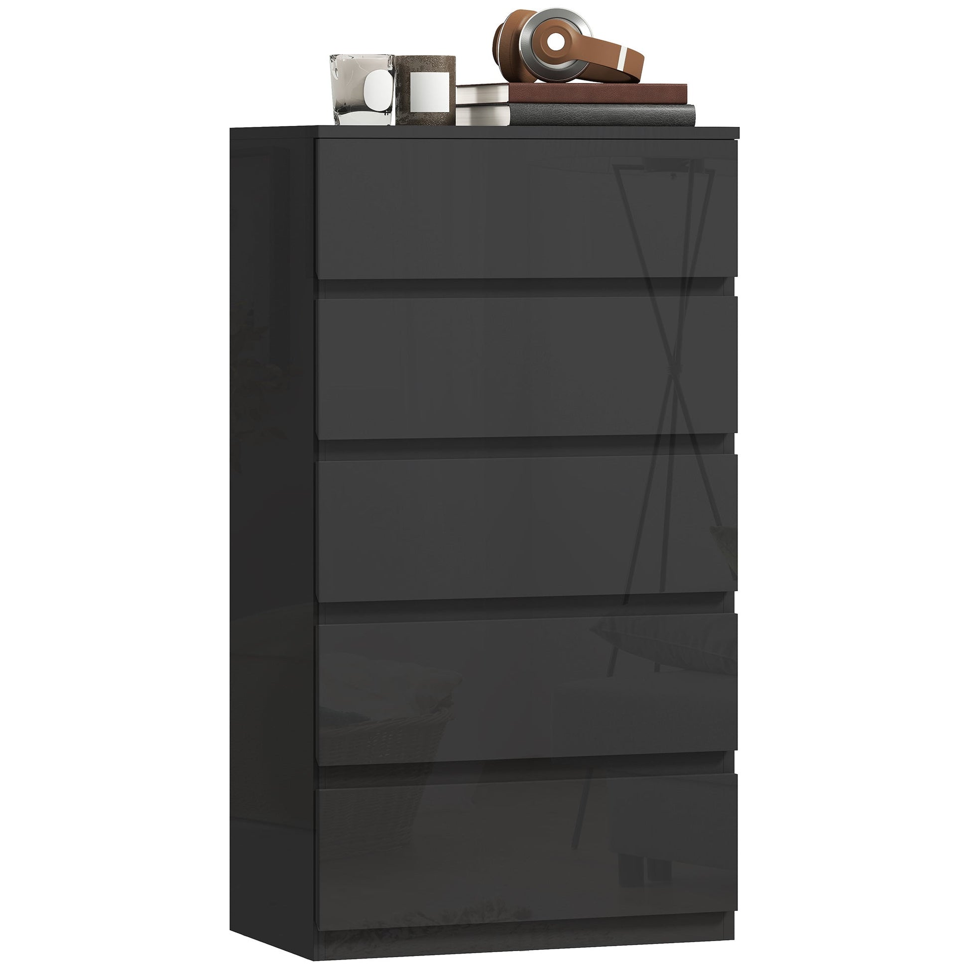Chest of Drawers, 5 Drawers Storage Cabinet Floor Tower Cupboard for Bedroom Living Room, High Gloss Black