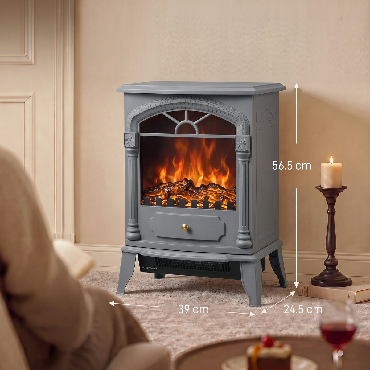 Electric Fireplace Stove Heater with 3D Flame Effect, 2000W/1000W, Freestanding Portable Fireplace with Adjustable Thermostat, 2 Heat Settings for Living Room, Grey