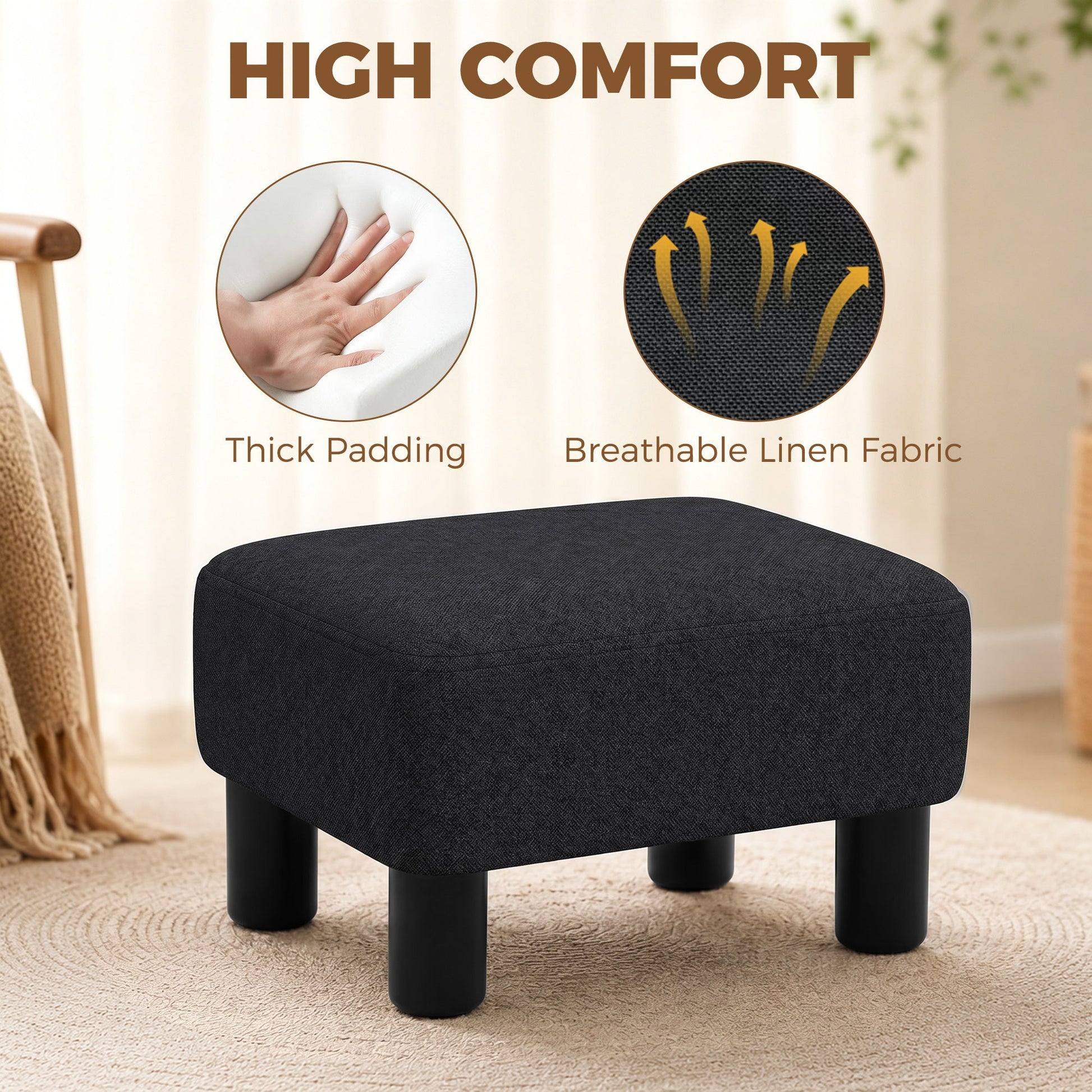 Linen-Look Fabric Foot Stool Footrest Small Seat Footrest Chair Ottoman Home Office with Legs 40 x 30 x 24cm, Black