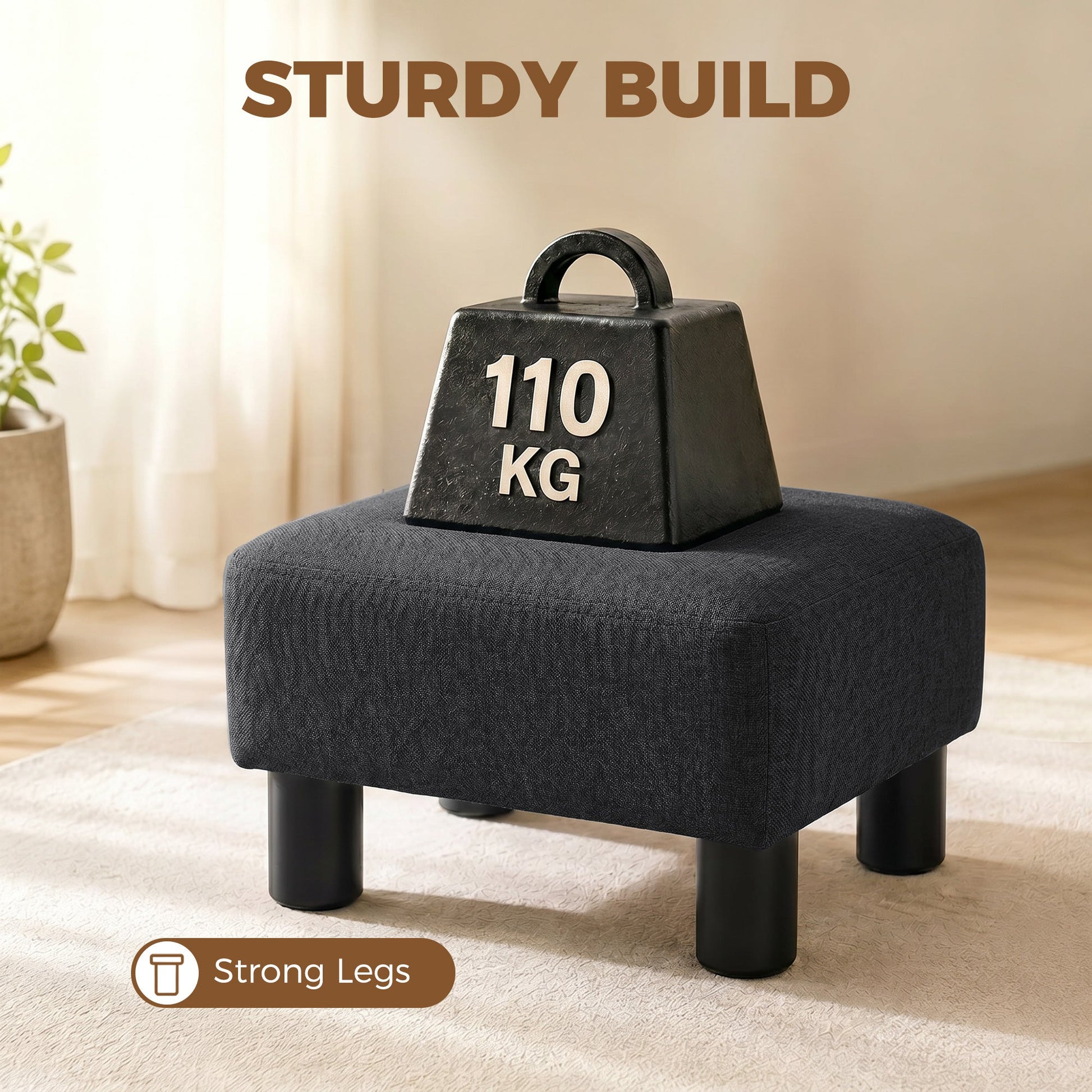 Linen-Look Fabric Foot Stool Footrest Small Seat Footrest Chair Ottoman Home Office with Legs 40 x 30 x 24cm, Black
