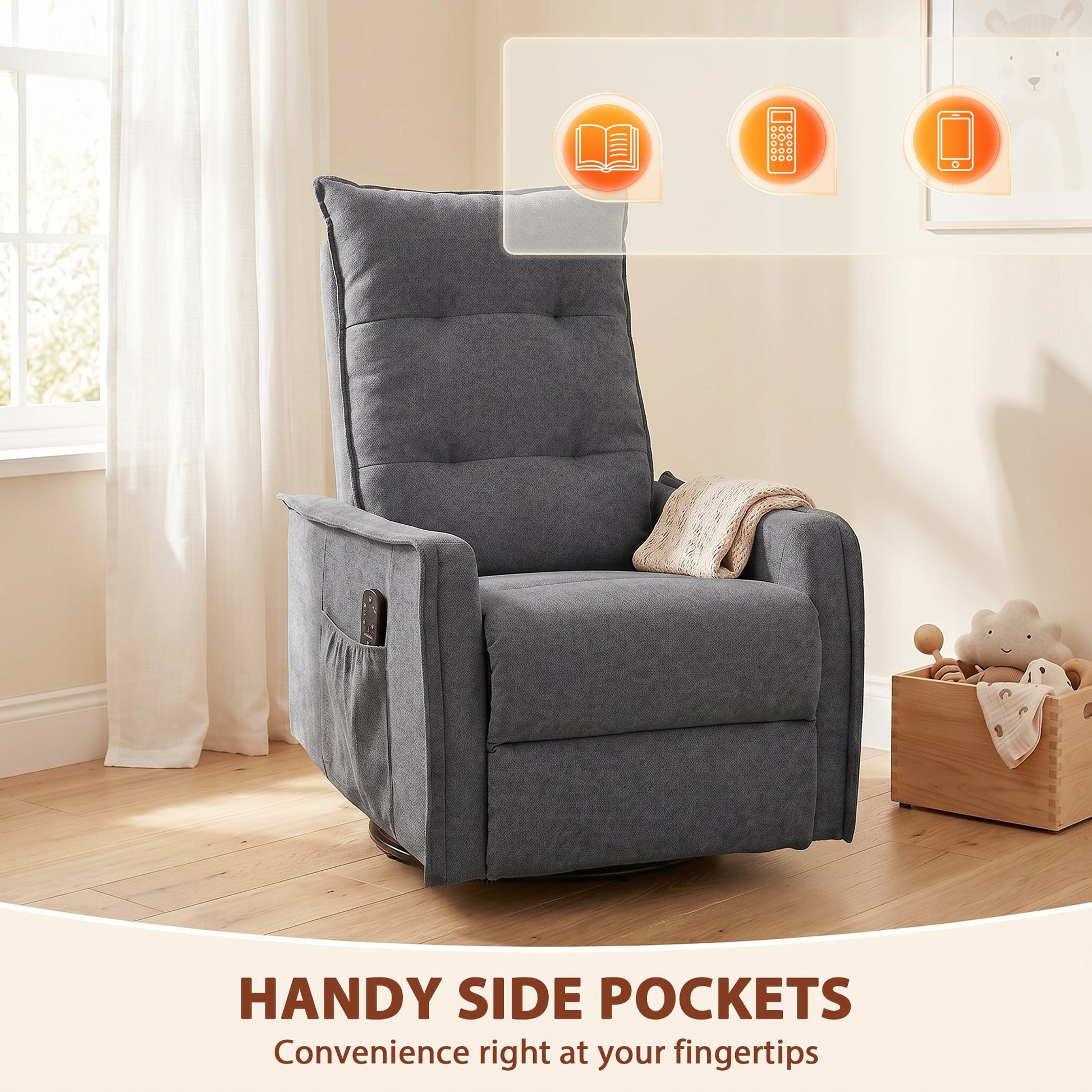 Recliner Armchair, Chenille Recliner Chair with Massage and Heat, 360° Swivel Rocking Manual Reclining Chair with Side Pockets for Living Room, Dark Grey