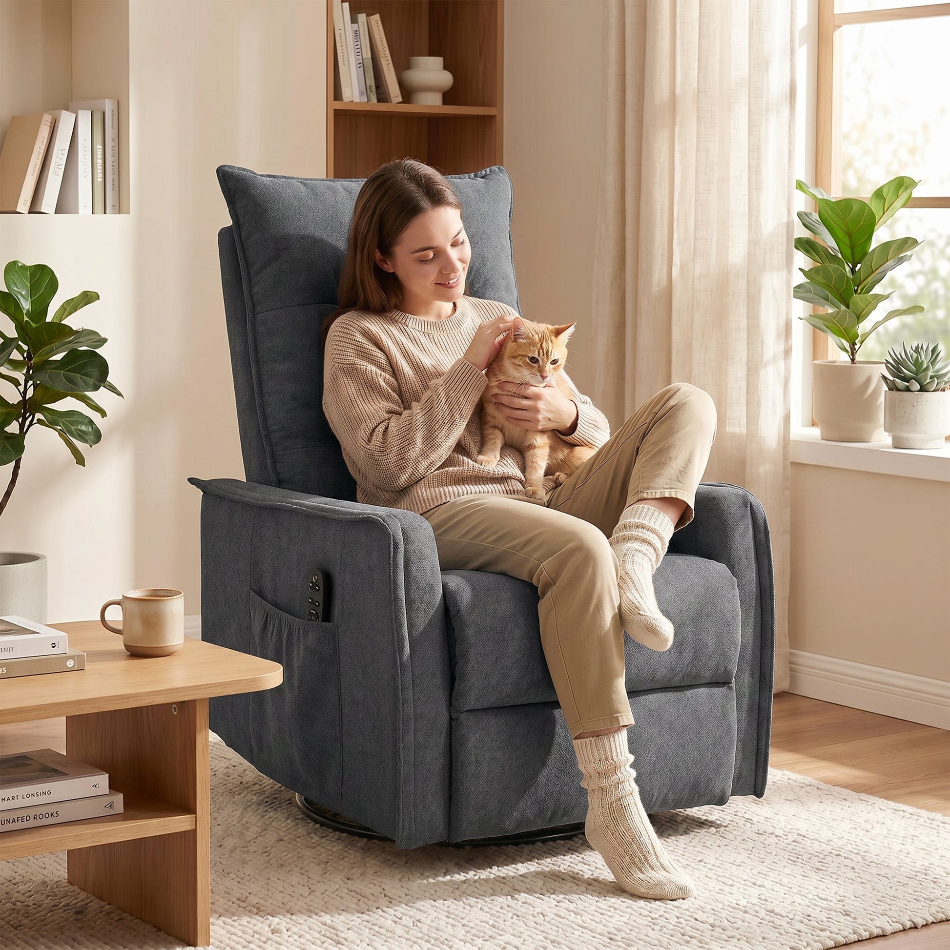 Recliner Armchair, Chenille Recliner Chair with Massage and Heat, 360° Swivel Rocking Manual Reclining Chair with Side Pockets for Living Room, Dark Grey