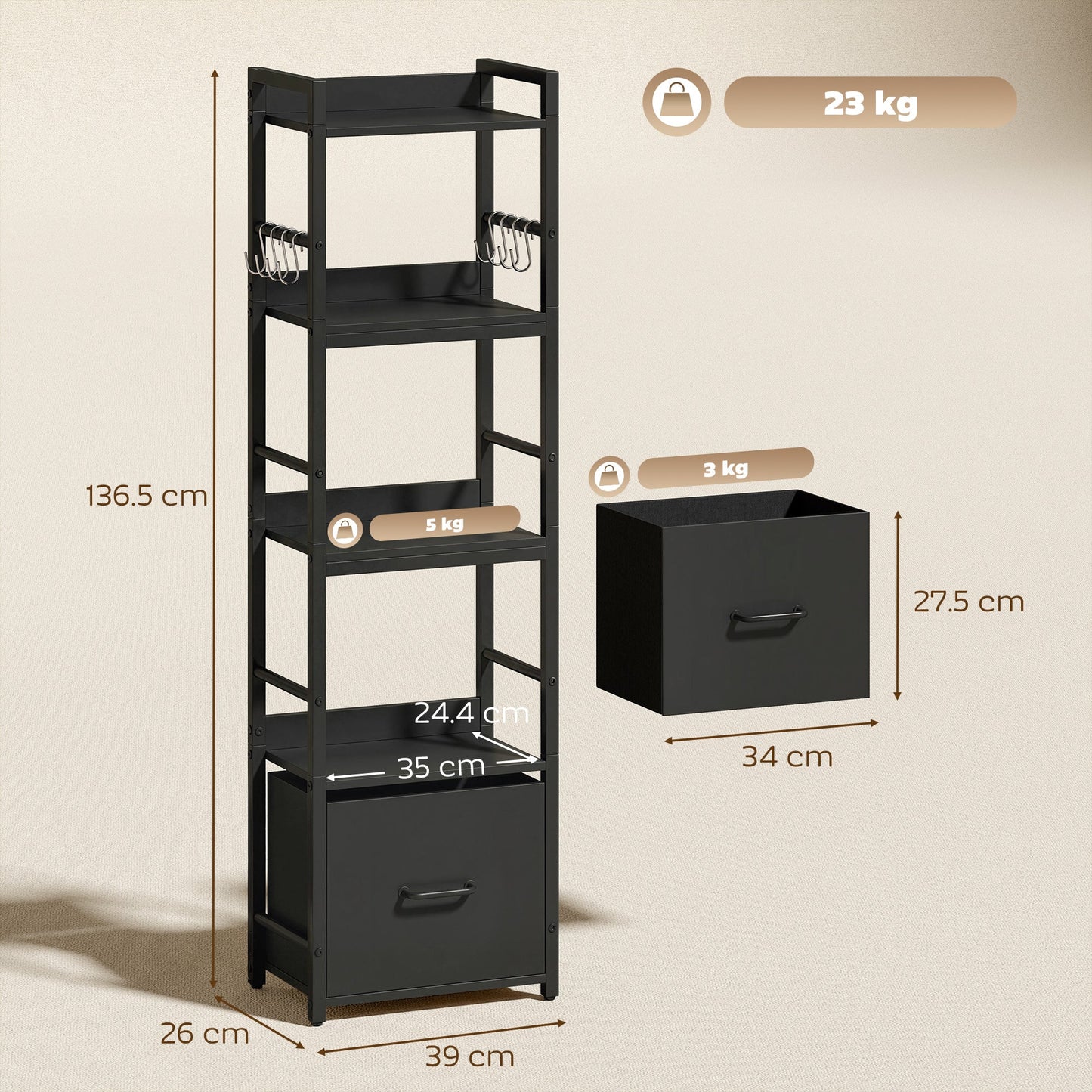 4-Tier Bookshelf, Narrow Bookcase with Drawer, 8 Hooks, Metal Frame, Shelving Unit for Living Room, Bedroom, Home Office, 39 x 26 x 136.5 cm, Black
