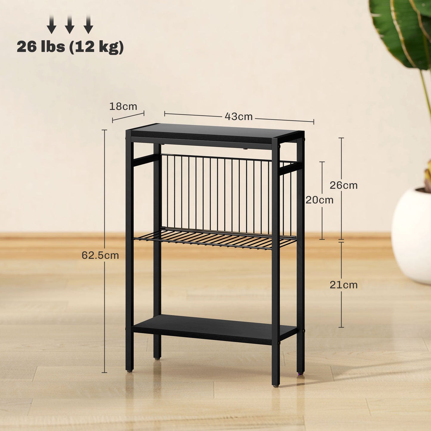 HOMCOM Side Table with 3-Tier Storage, Small Bedside Table, Sofa End Table with Steel Frame for Living Room, Bedroom, Black