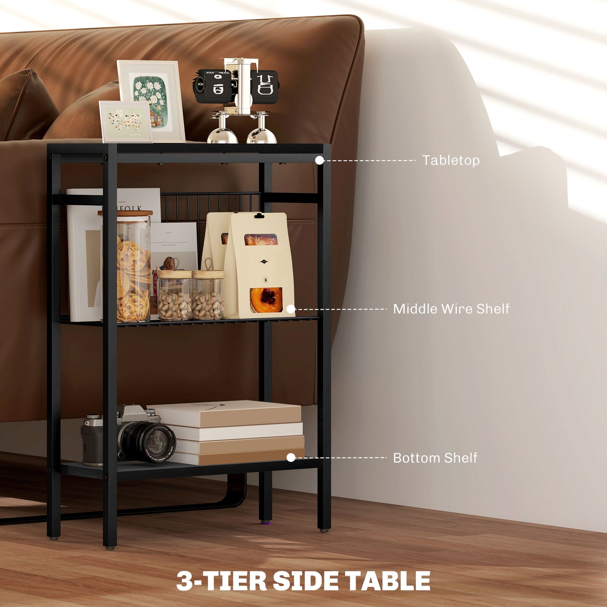 HOMCOM Side Table with 3-Tier Storage, Small Bedside Table, Sofa End Table with Steel Frame for Living Room, Bedroom, Black