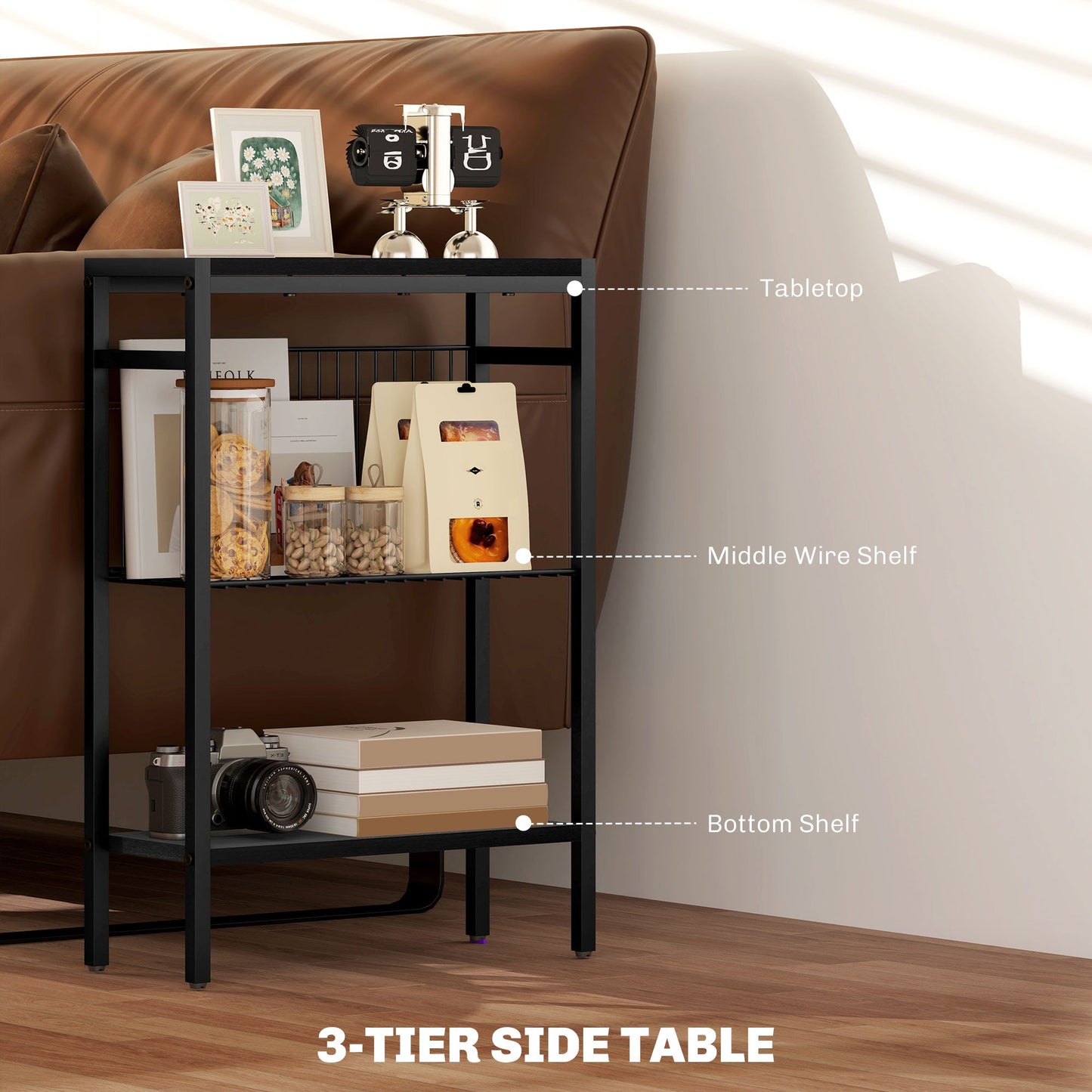 HOMCOM Side Table with 3-Tier Storage, Small Bedside Table, Sofa End Table with Steel Frame for Living Room, Bedroom, Black