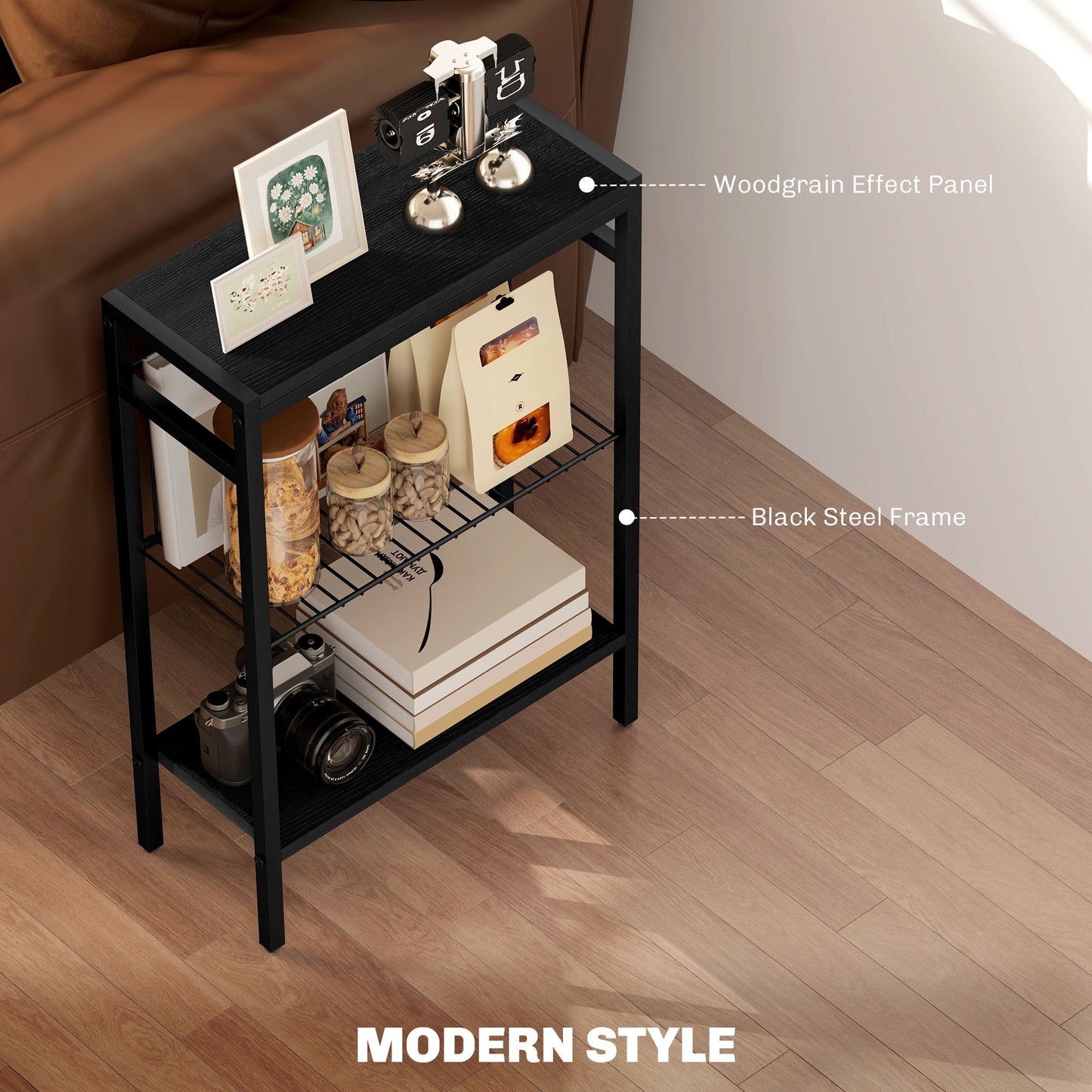 HOMCOM Side Table with 3-Tier Storage, Small Bedside Table, Sofa End Table with Steel Frame for Living Room, Bedroom, Black
