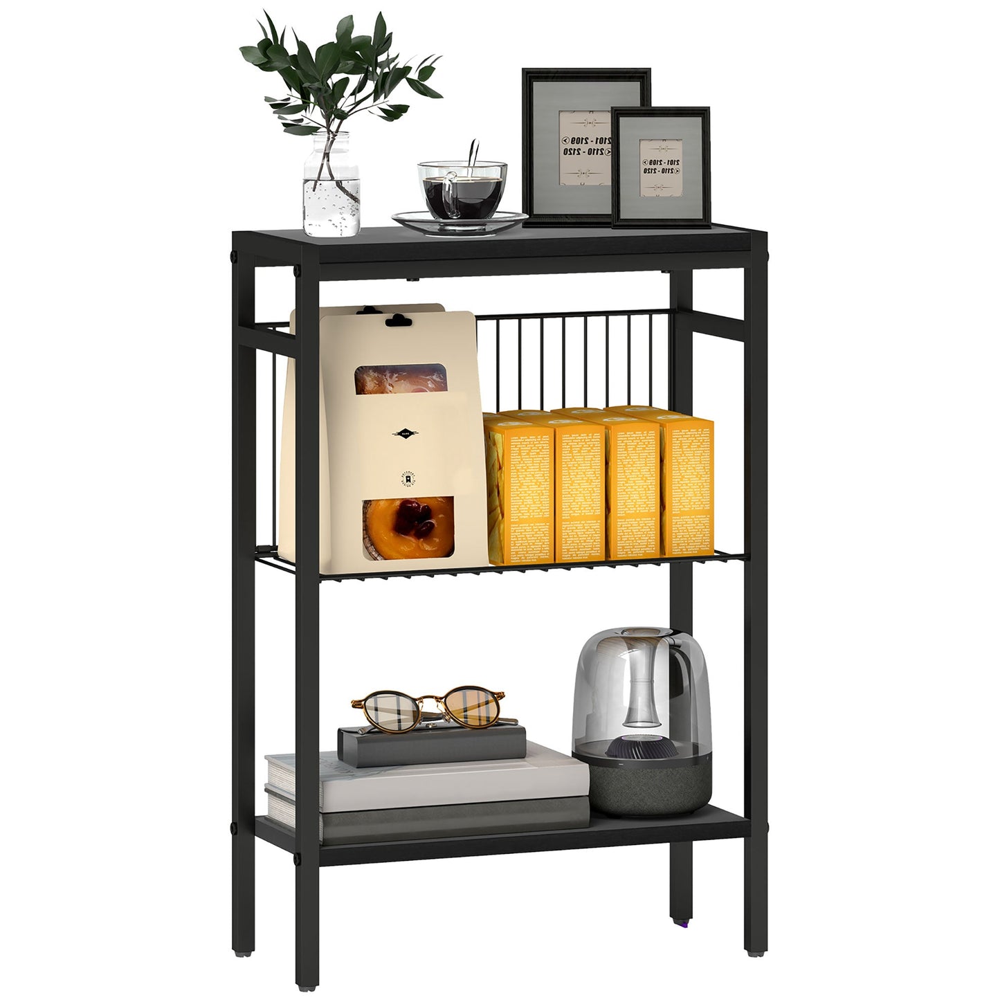 HOMCOM Side Table with 3-Tier Storage, Small Bedside Table, Sofa End Table with Steel Frame for Living Room, Bedroom, Black