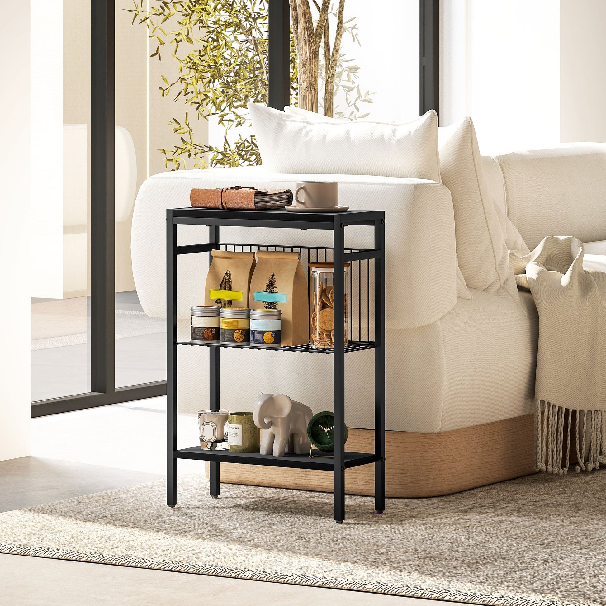 HOMCOM Side Table with 3-Tier Storage, Small Bedside Table, Sofa End Table with Steel Frame for Living Room, Bedroom, Black