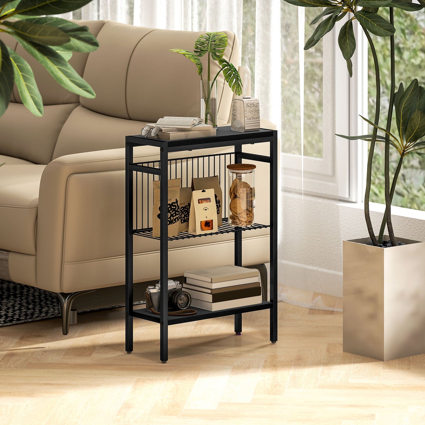 HOMCOM Side Table with 3-Tier Storage, Small Bedside Table, Sofa End Table with Steel Frame for Living Room, Bedroom, Black