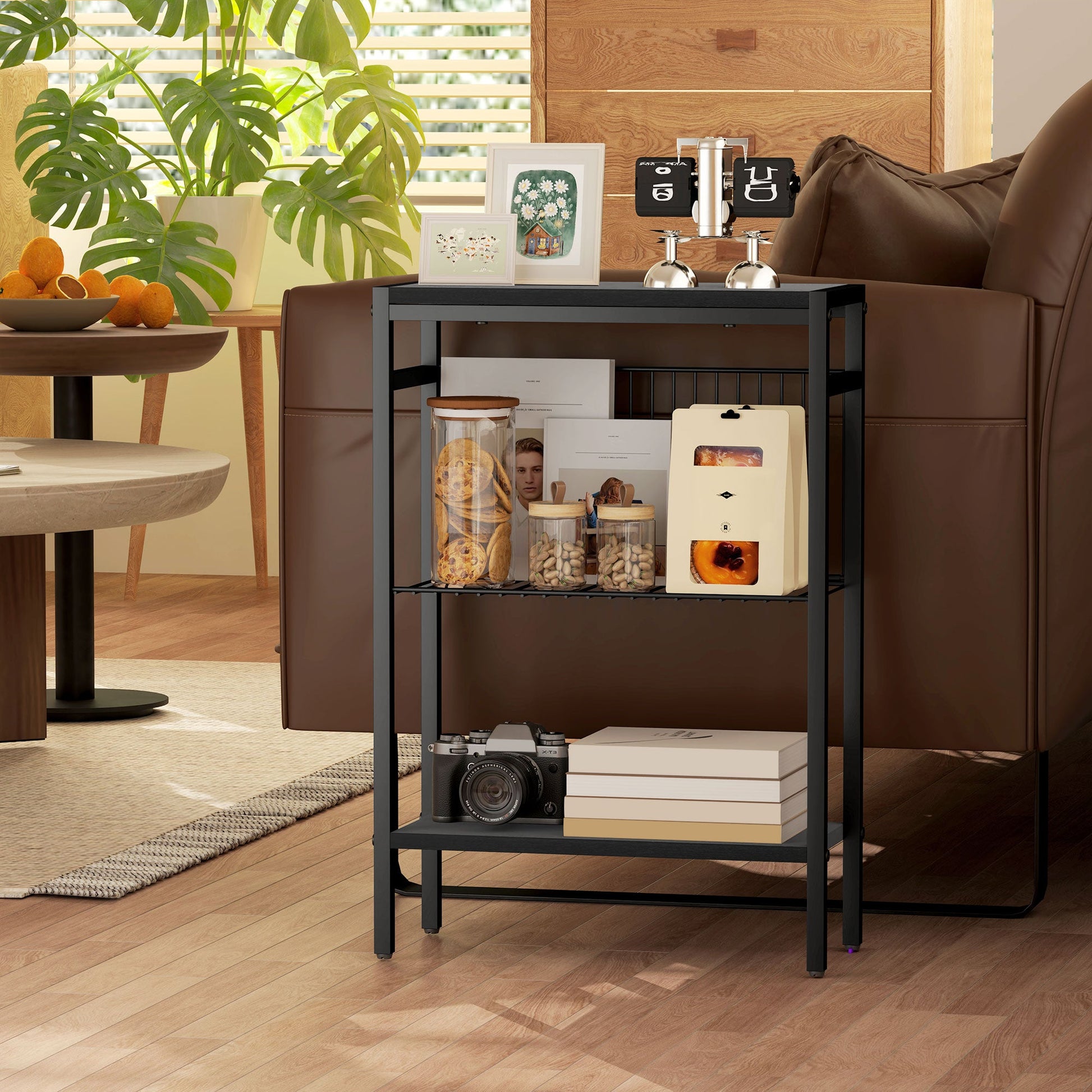 HOMCOM Side Table with 3-Tier Storage, Small Bedside Table, Sofa End Table with Steel Frame for Living Room, Bedroom, Black