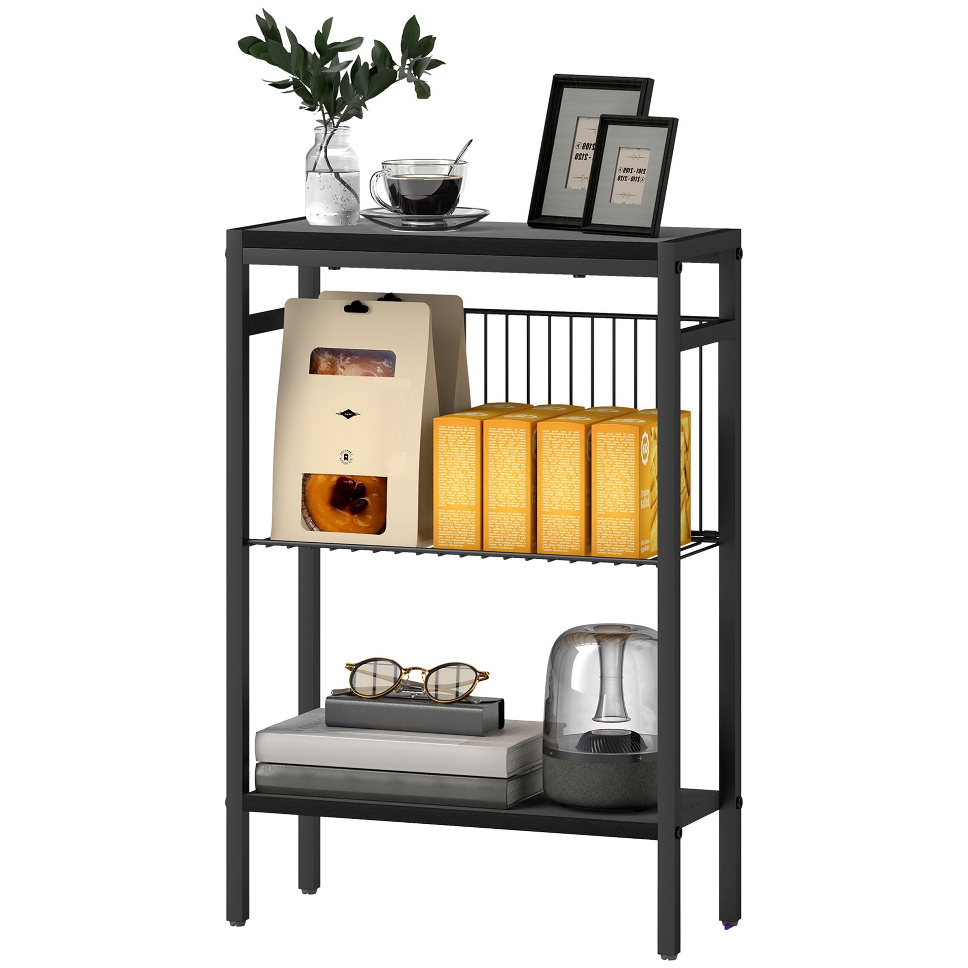 HOMCOM Side Table with 3-Tier Storage, Small Bedside Table, Sofa End Table with Steel Frame for Living Room, Bedroom, Black