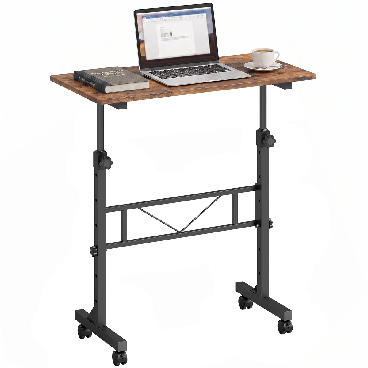 Overbed Table With Wheels and Brakes, Adjustable Height Laptop Desk, Portable Hospital Bed Table with Steel Frame for Living Room, Bedroom and Study, Rustic Brown and Black