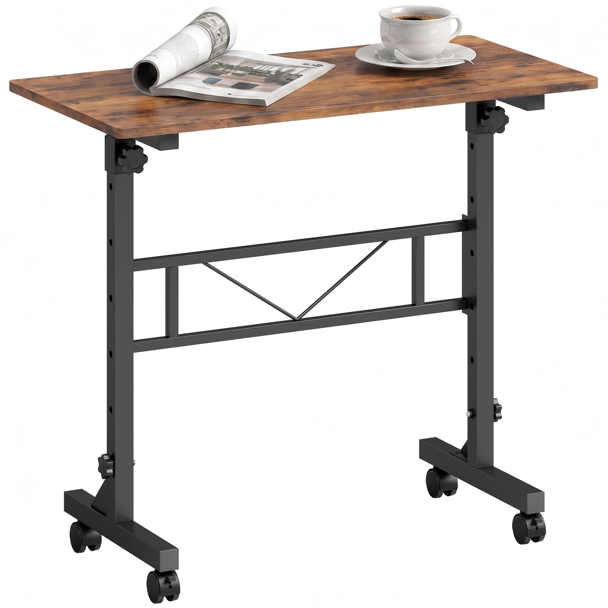 Overbed Table With Wheels and Brakes, Adjustable Height Laptop Desk, Portable Hospital Bed Table with Steel Frame for Living Room, Bedroom and Study, Rustic Brown and Black