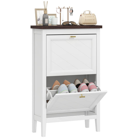 Shoe Cabinet with 2 Flip Drawers, Farmhouse Narrow Shoe Storage Cabinet with Adjustable Shelves, Freestanding for Entryway, Hallway, Living Room, Holds 8-12 Pairs, White