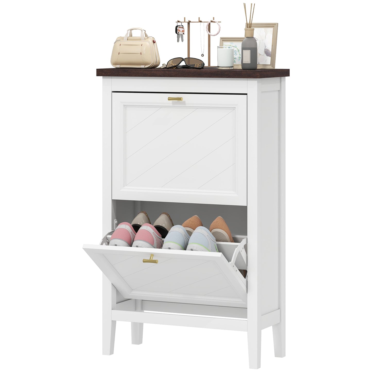 Shoe Cabinet with 2 Flip Drawers, Farmhouse Narrow Shoe Storage Cabinet with Adjustable Shelves, Freestanding for Entryway, Hallway, Living Room, Holds 8-12 Pairs, White