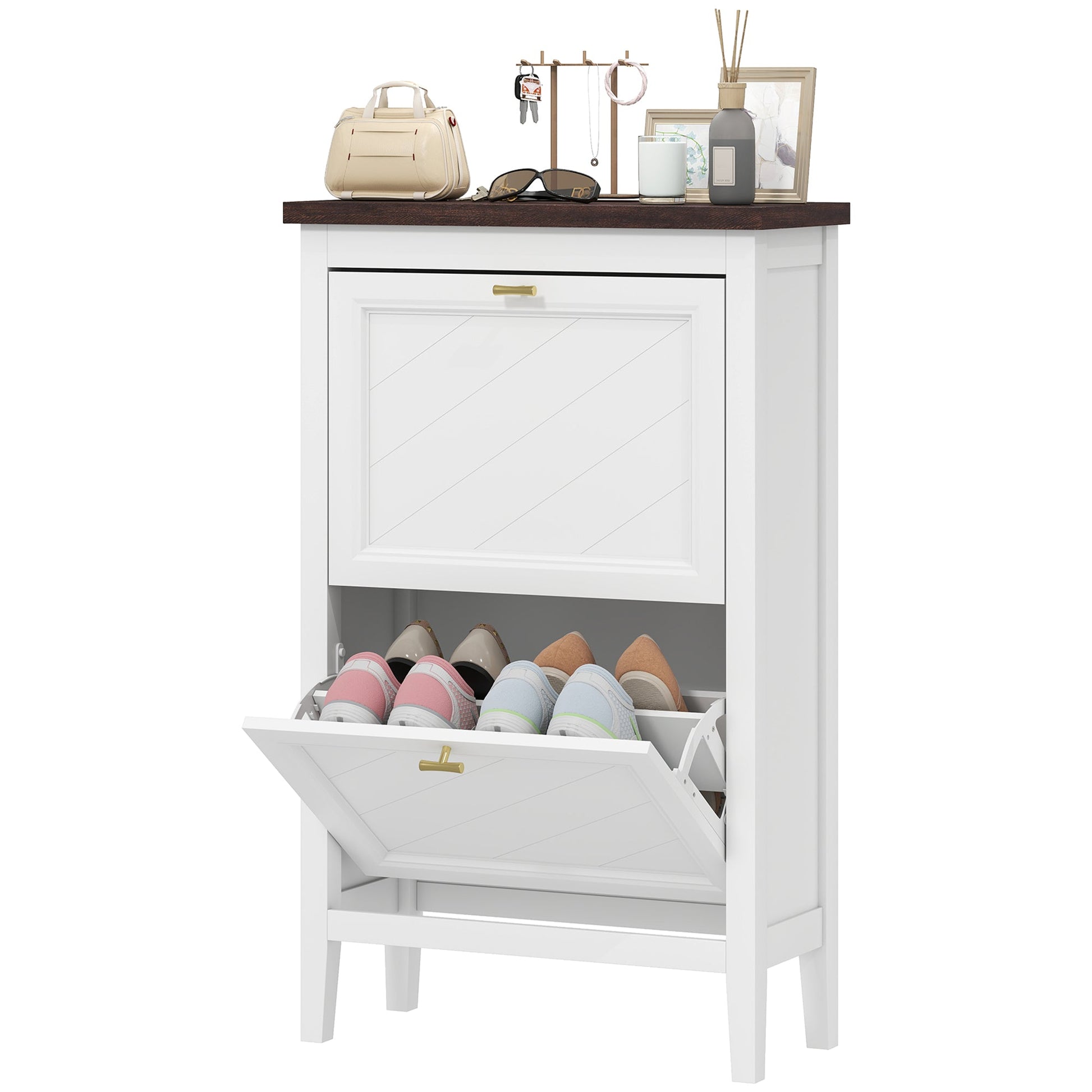 Shoe Cabinet with 2 Flip Drawers, Farmhouse Narrow Shoe Storage Cabinet with Adjustable Shelves, Freestanding for Entryway, Hallway, Living Room, Holds 8-12 Pairs, White