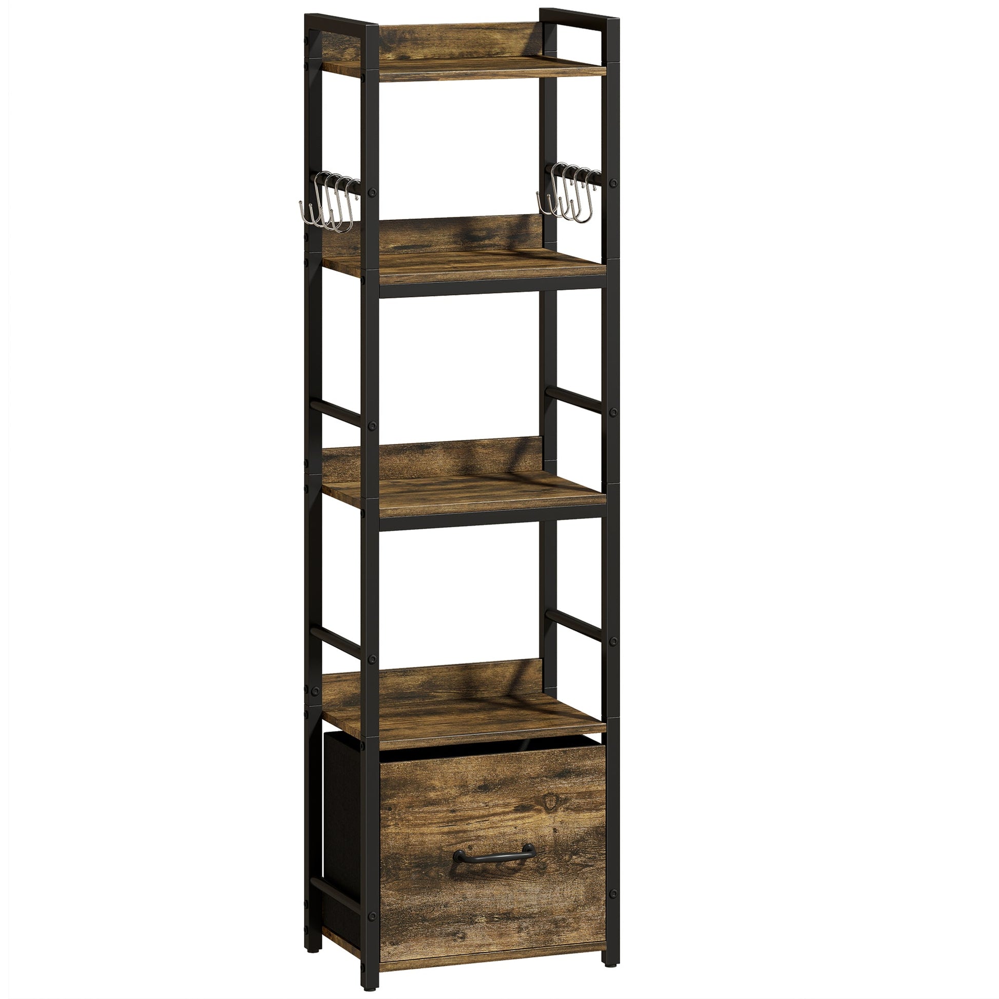 4-Tier Bookshelf, Narrow Bookcase with Drawer, 8 Hooks, Metal Frame, Shelving Unit for Living Room, Bedroom, Home Office, 39 x 26 x 136.5 cm, Rustic Brown