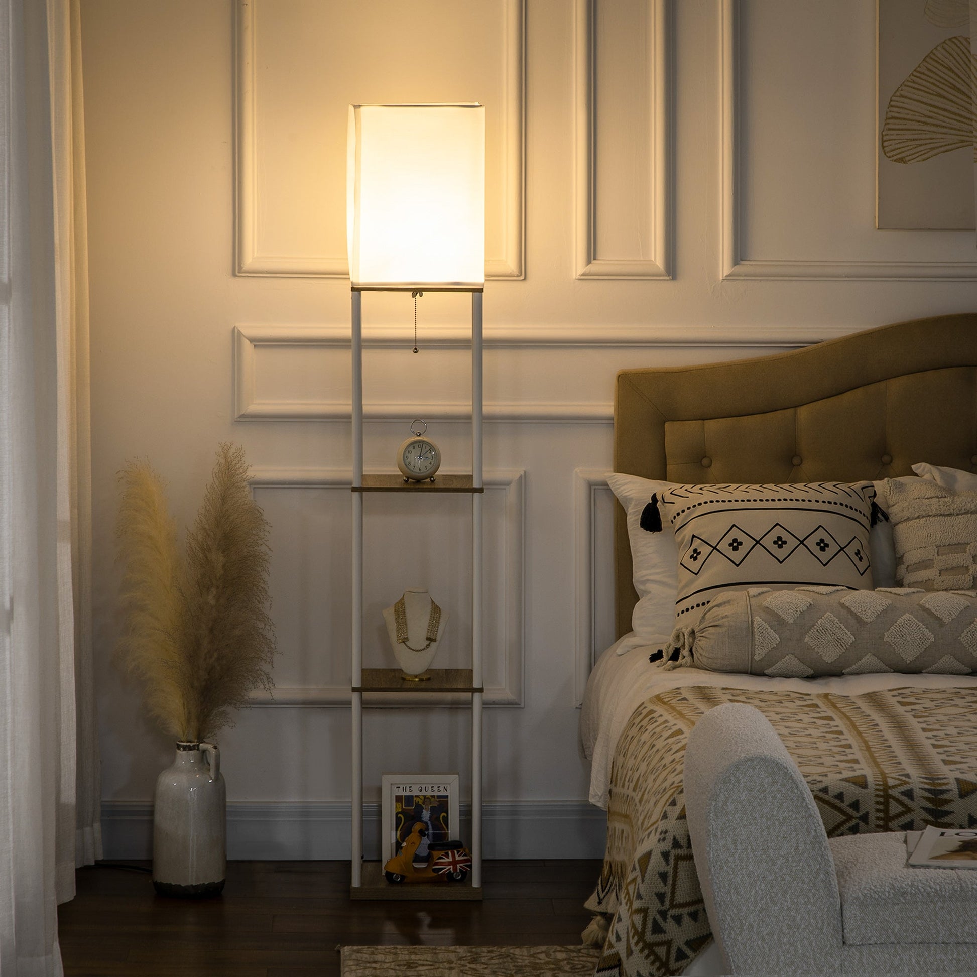 HOMCOM Modern Floor Lamp with Shelves, 3 Layer Shelf Tall Standing Lamp with Fabric Lampshade, Pull Chain Switch for Living Room, Bedroom, Bulb not Included, White