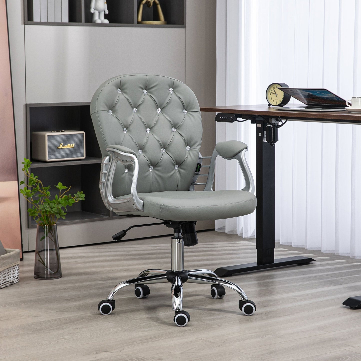 Vinsetto Office Chair, Swivel Desk Chair, PU Vanity Chair with Adjustable Height and Rolling Wheels for Home Work Study, Grey