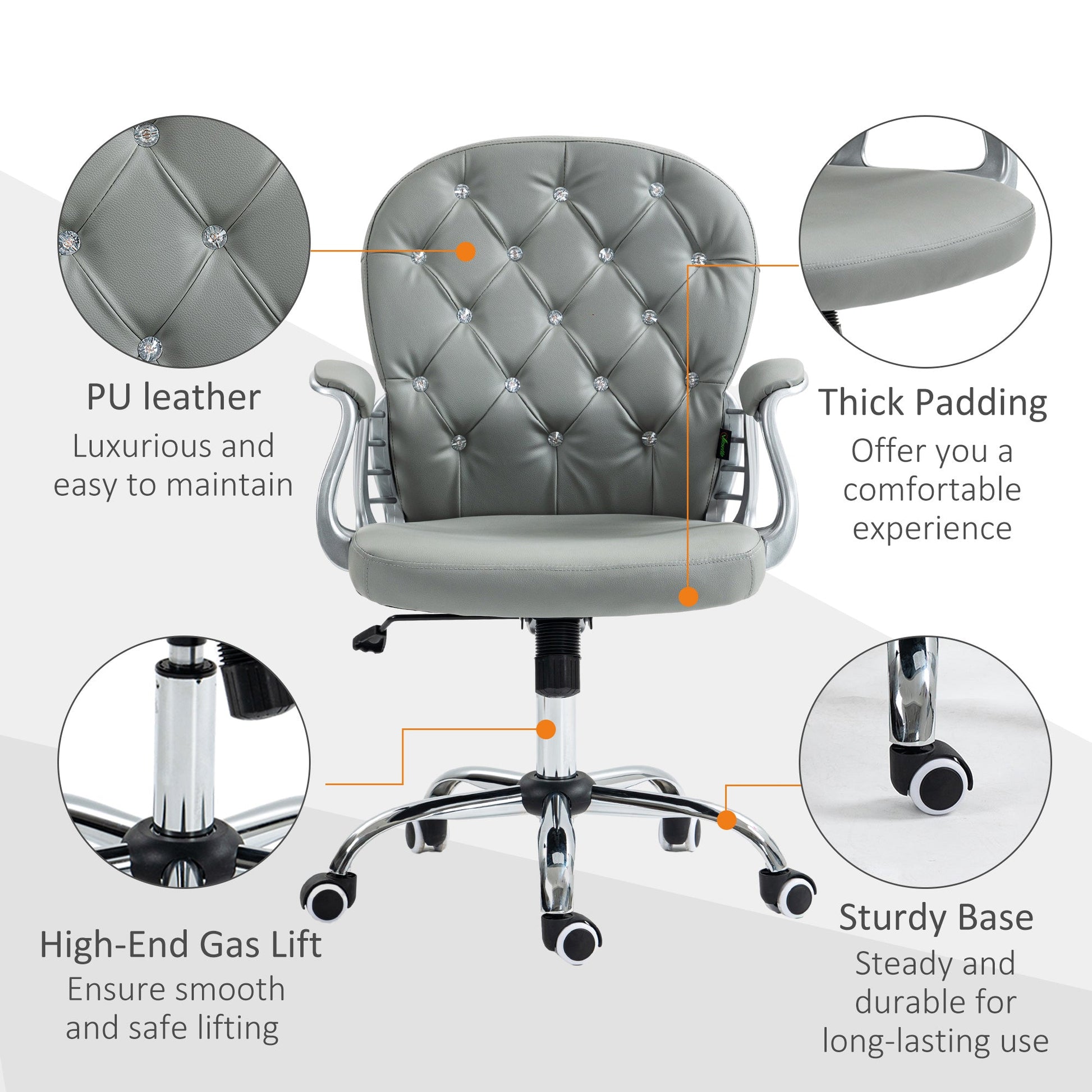 Vinsetto Office Chair, Swivel Desk Chair, PU Vanity Chair with Adjustable Height and Rolling Wheels for Home Work Study, Grey