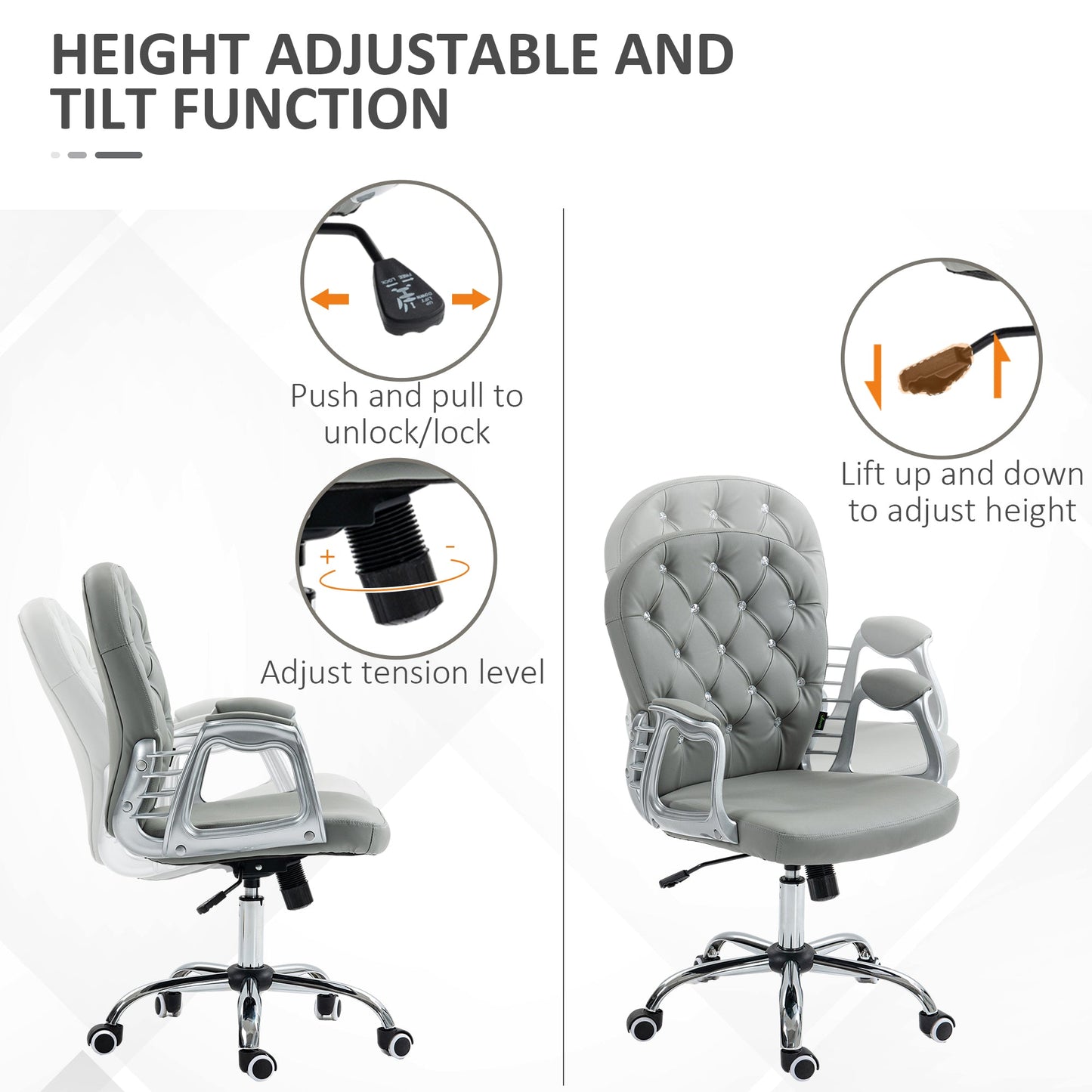 Vinsetto Office Chair, Swivel Desk Chair, PU Vanity Chair with Adjustable Height and Rolling Wheels for Home Work Study, Grey
