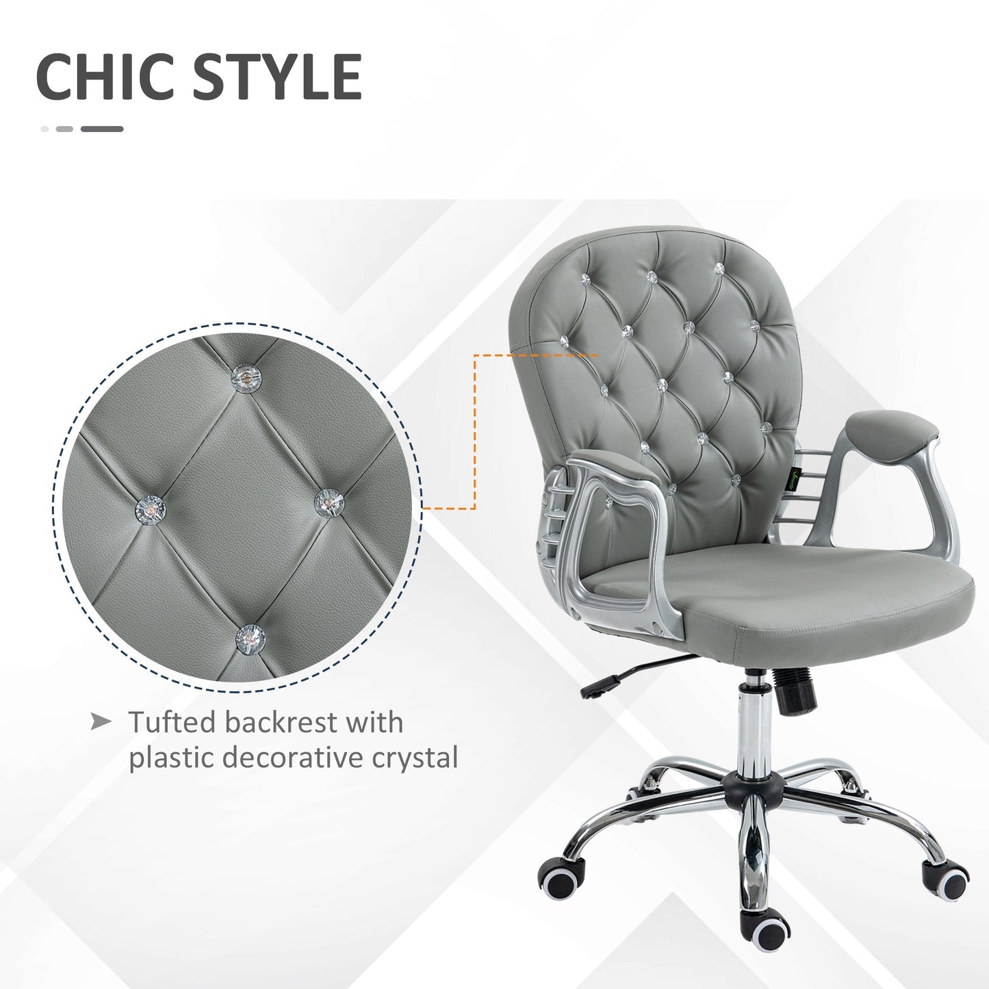 Vinsetto Office Chair, Swivel Desk Chair, PU Vanity Chair with Adjustable Height and Rolling Wheels for Home Work Study, Grey