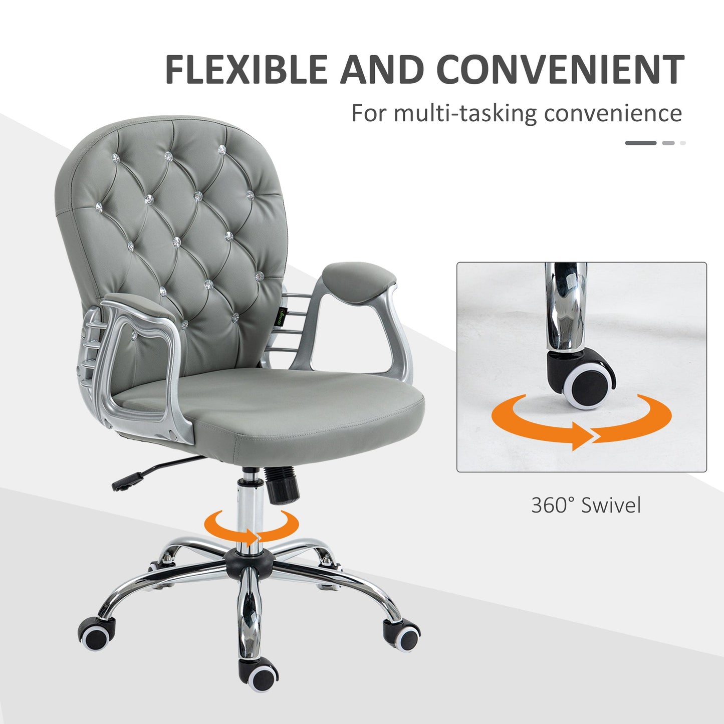 Vinsetto Office Chair, Swivel Desk Chair, PU Vanity Chair with Adjustable Height and Rolling Wheels for Home Work Study, Grey