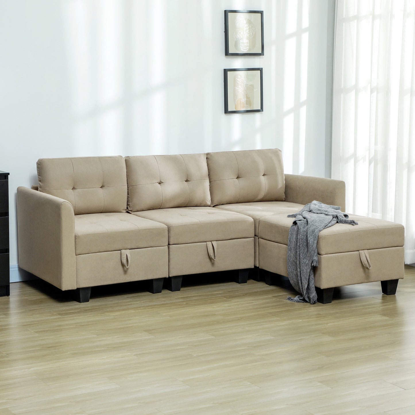 HOMCOM Convertible Modular Sectional Sofa with Storage, Tufted 3 Seater Sofa Set, L Shaped Sofa Couch with Ottoman, Wood Frame for Living Room, Light Brown