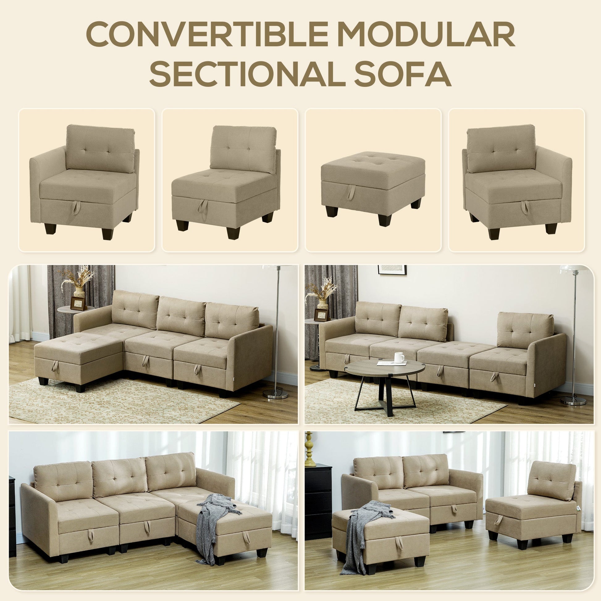 HOMCOM Convertible Modular Sectional Sofa with Storage, Tufted 3 Seater Sofa Set, L Shaped Sofa Couch with Ottoman, Wood Frame for Living Room, Light Brown