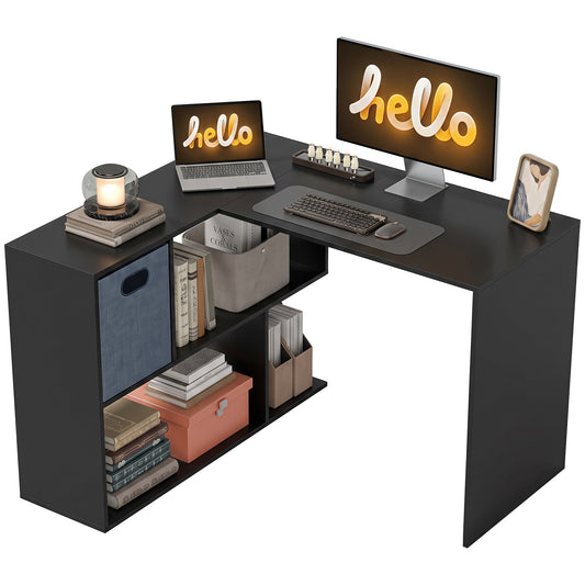 110 cm L-Shaped Desk, Small Computer Desk with Fabric Drawer and Storage Shelves for Home Office, Study, Black