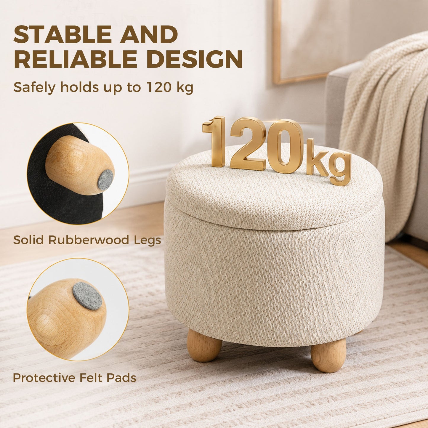 Storage Ottoman, Burlap Fabric Round Small Ottoman Foot Rest with Lid, Rubberwood Legs, End of Bed Bench Footstool for Bedroom, Hallway, Living Room, 38.5 x 38.5 cm, Beige