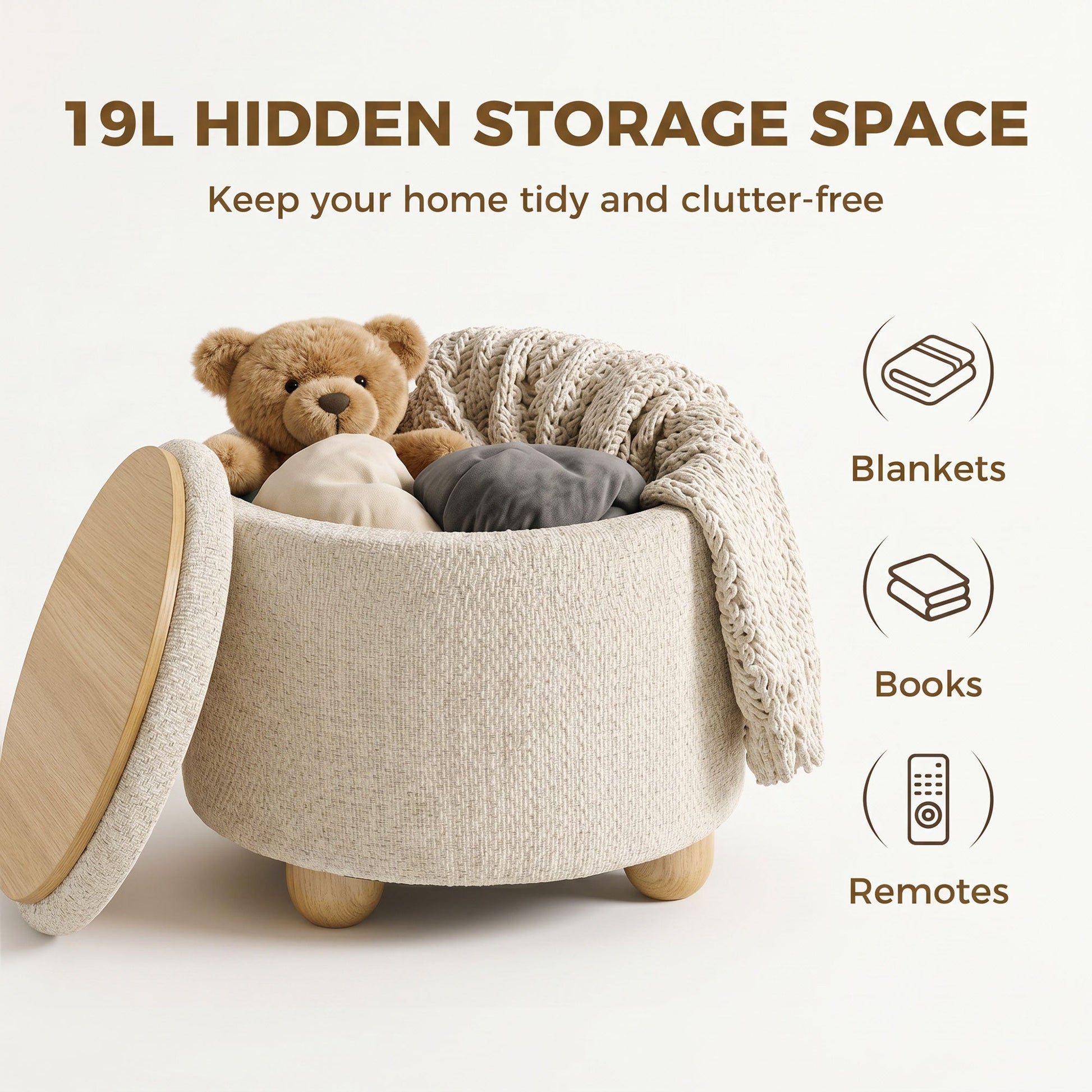 Storage Ottoman, Burlap Fabric Round Small Ottoman Foot Rest with Lid, Rubberwood Legs, End of Bed Bench Footstool for Bedroom, Hallway, Living Room, 38.5 x 38.5 cm, Beige