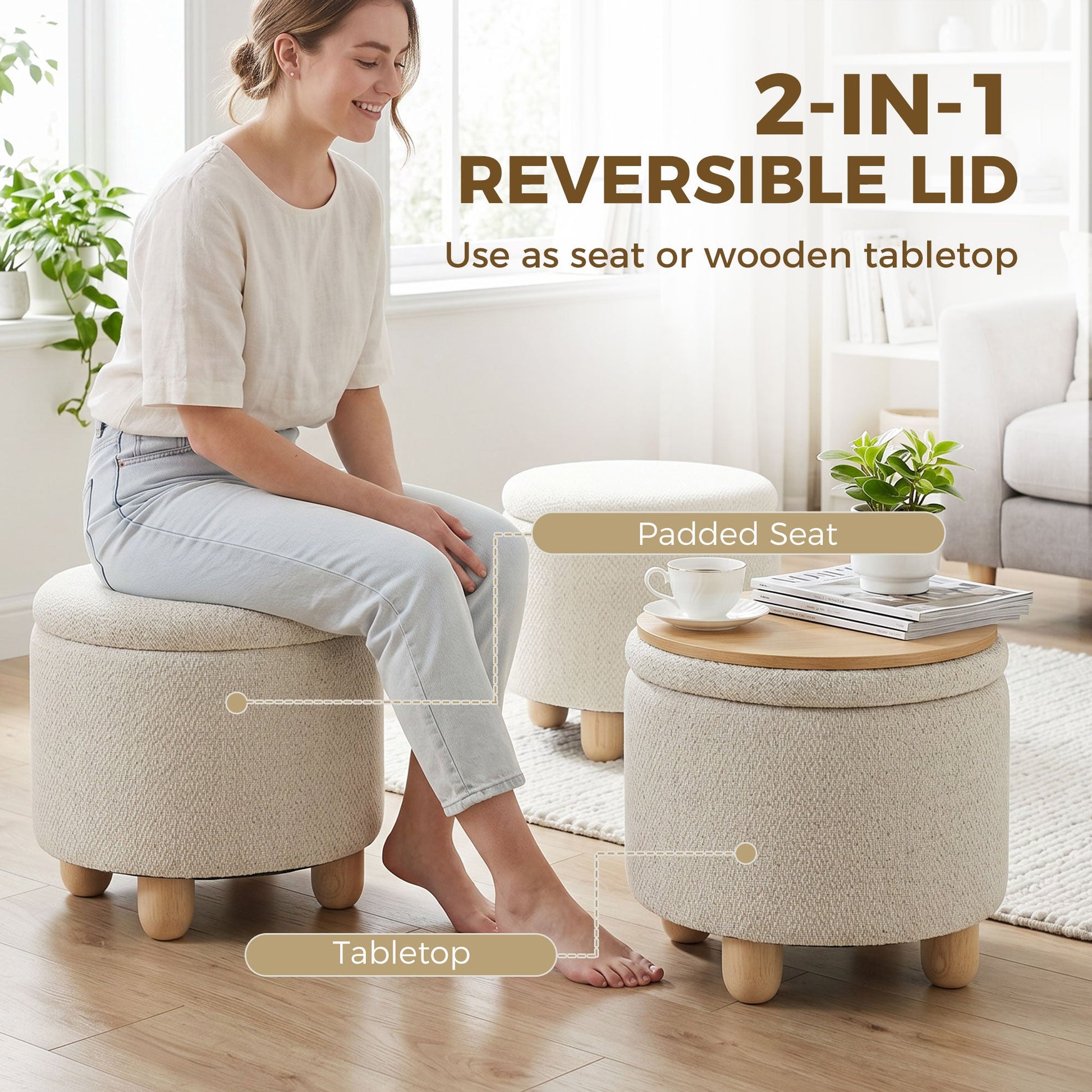 Storage Ottoman, Burlap Fabric Round Small Ottoman Foot Rest with Lid, Rubberwood Legs, End of Bed Bench Footstool for Bedroom, Hallway, Living Room, 38.5 x 38.5 cm, Beige