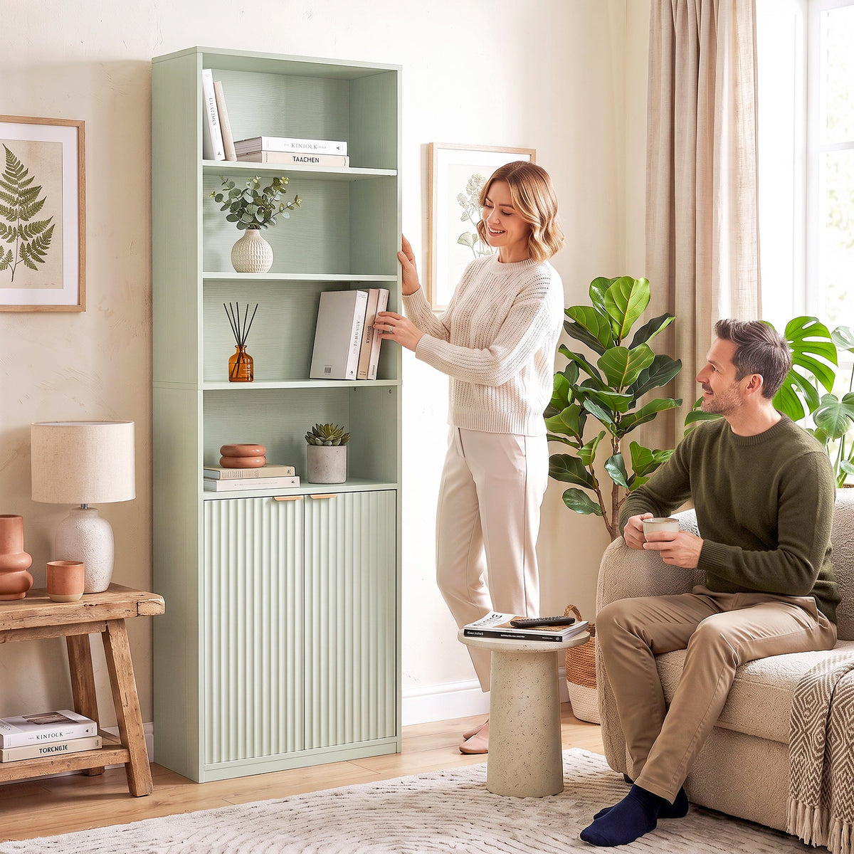 Slim Bookcase, 6-Tier Tall Bookshelf, Freestanding Shelving Unit with Cabinet, Adjustable Shelf, 60 x 24 x 182 cm for Living Room, Study, Home Office, Light Green