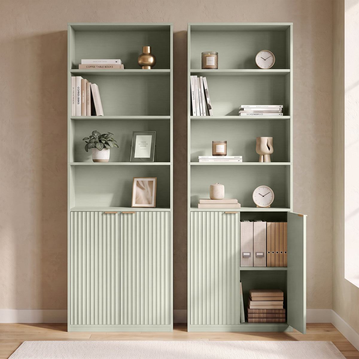 Slim Bookcase, 6-Tier Tall Bookshelf, Freestanding Shelving Unit with Cabinet, Adjustable Shelf, 60 x 24 x 182 cm for Living Room, Study, Home Office, Light Green