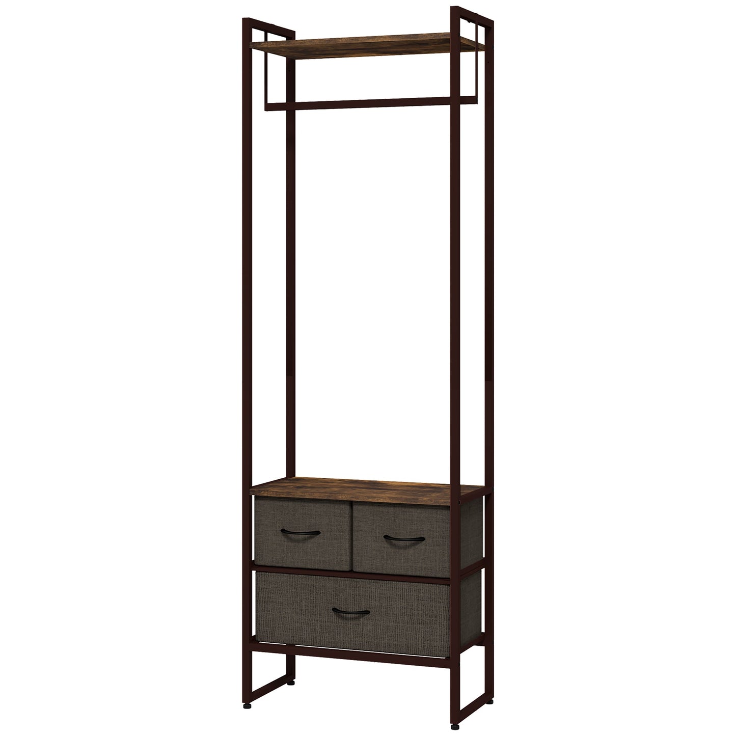 Free Standing Clothes Rail with 3 Fabric Drawers and Storage Shelves, Garment Rack, Hanging Rail for Hallway, Bedroom and Living Room, Rustic Brown
