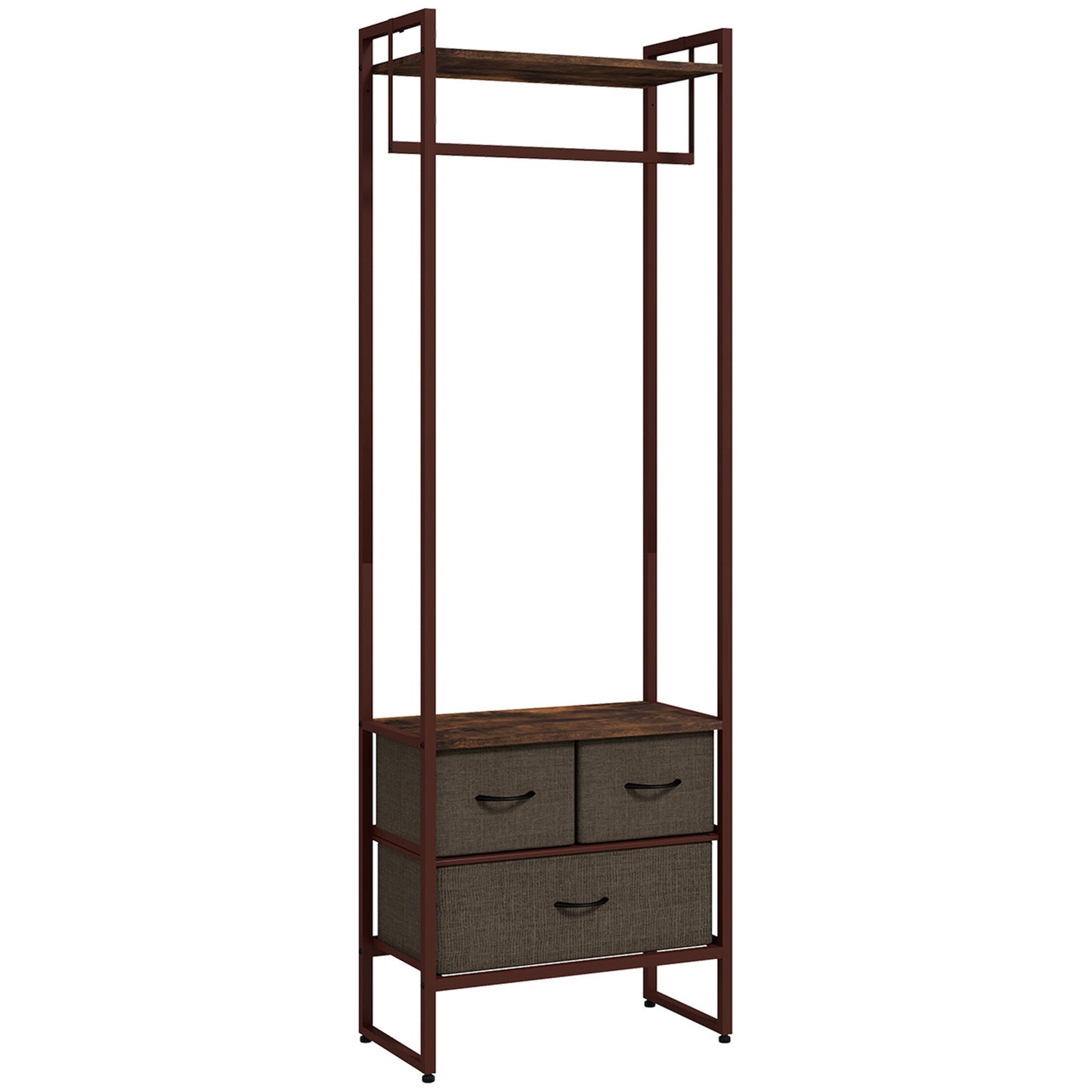 Free Standing Clothes Rail with 3 Fabric Drawers and Storage Shelves, Garment Rack, Hanging Rail for Hallway, Bedroom and Living Room, Rustic Brown