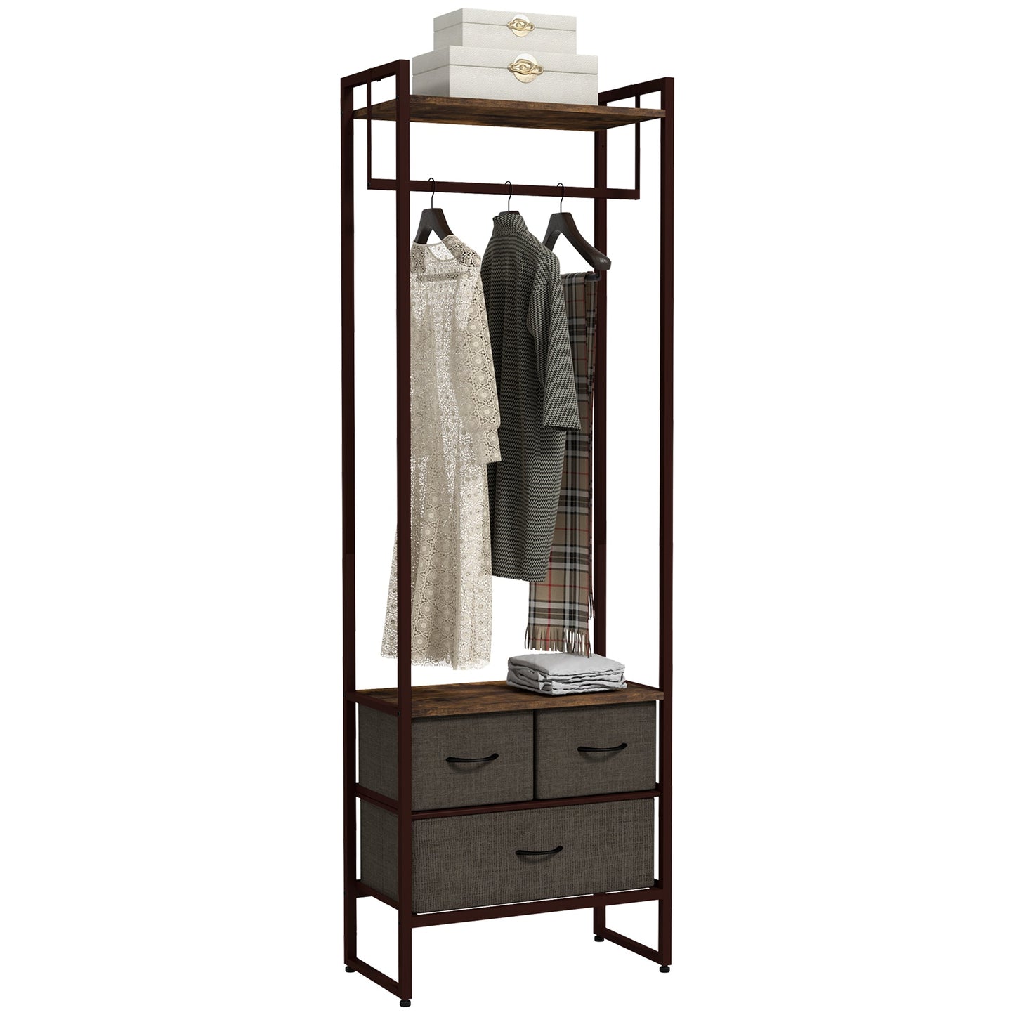 Free Standing Clothes Rail with 3 Fabric Drawers and Storage Shelves, Garment Rack, Hanging Rail for Hallway, Bedroom and Living Room, Rustic Brown