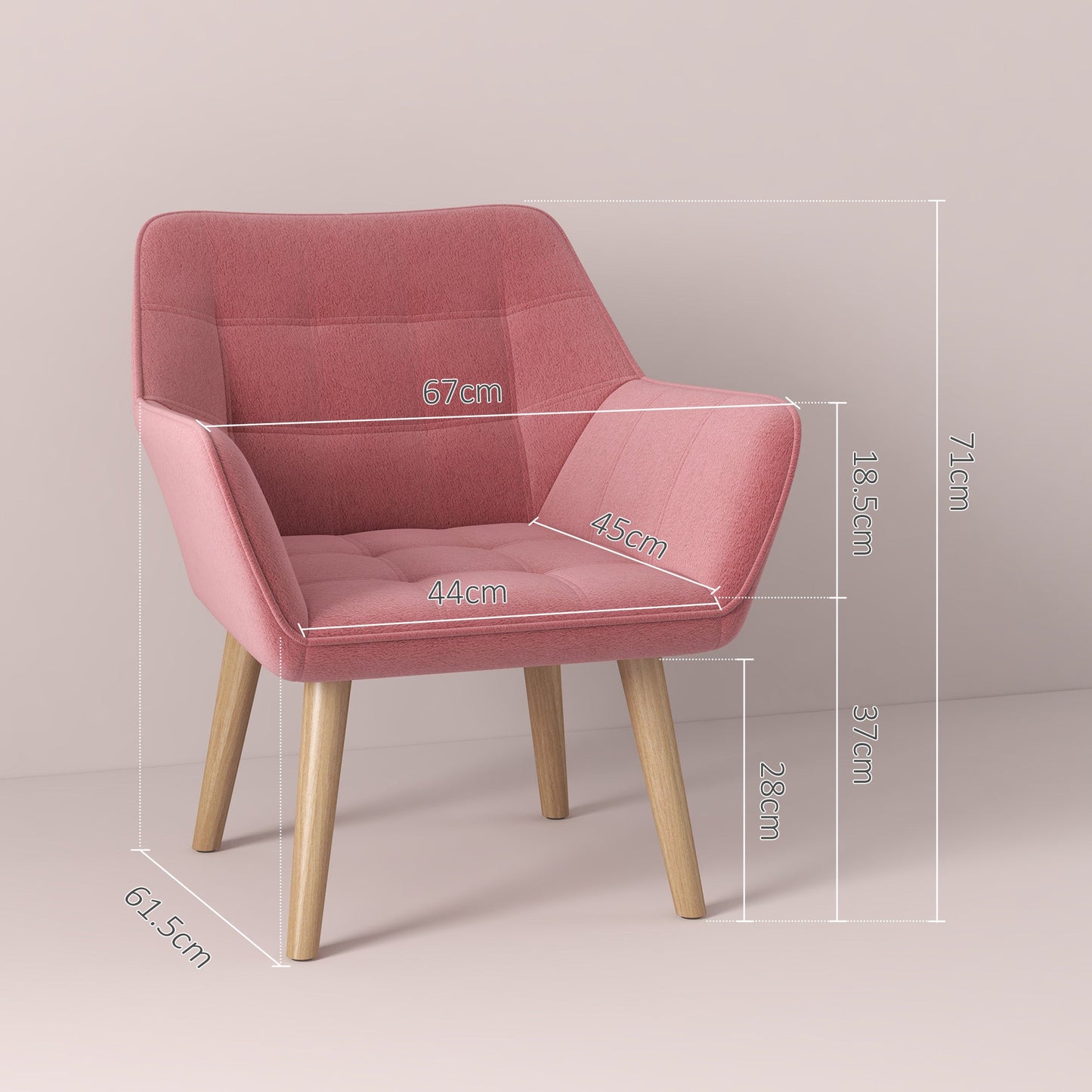 HOMCOM Armchair Accent Chair, Vanity Chair with Wide Arms, Slanted Back, Padding, Metal Frame, Wooden Legs, Home Bedroom Furniture Seating, Pink