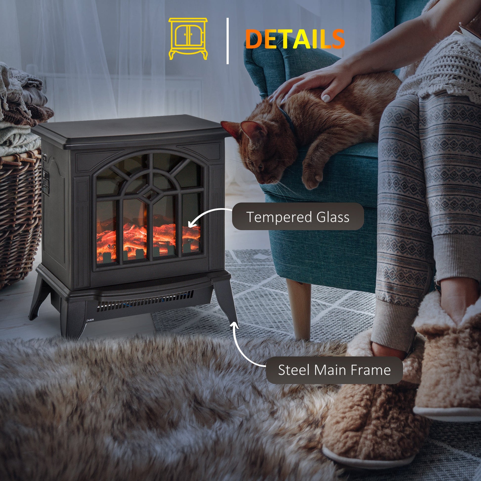 1000W/2000W Freestanding Electrical Fireplace Indoor Heater Stove Log Wood LED Burning Effect Flame with Thermostat Control Black