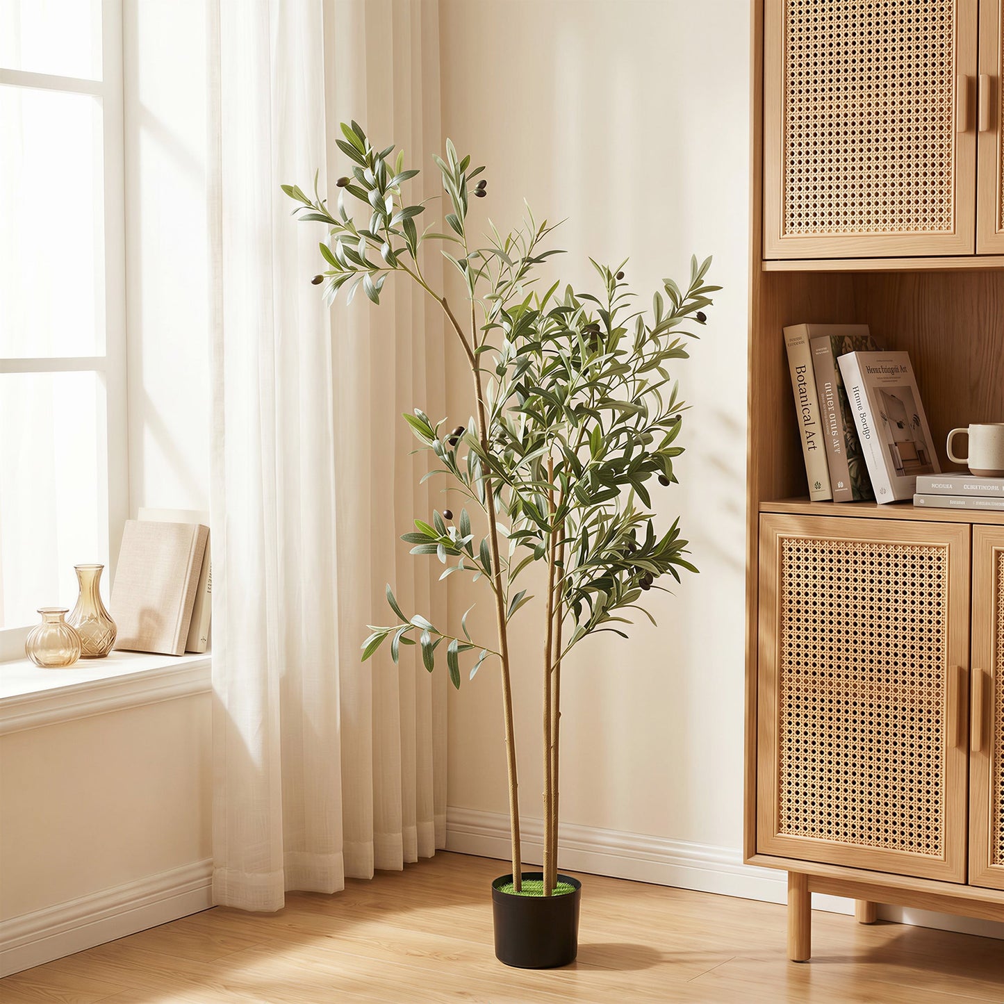 148 cm Decorative Artificial Plant, Silk Olive Tree with 553 Leaves in Cement Pot, Fake Plant for Home, Office, Living Room, Indoor Decor