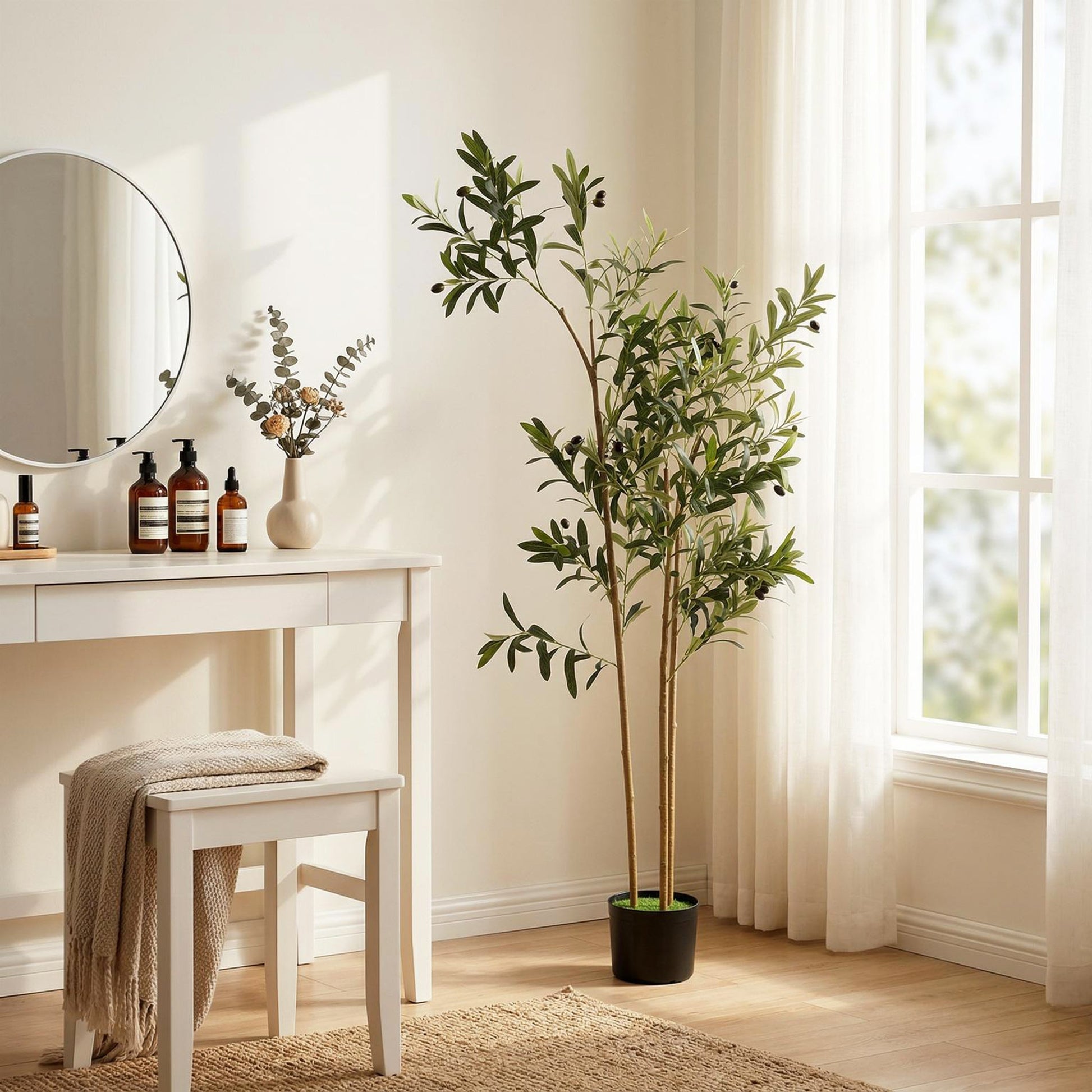 148 cm Decorative Artificial Plant, Silk Olive Tree with 553 Leaves in Cement Pot, Fake Plant for Home, Office, Living Room, Indoor Decor