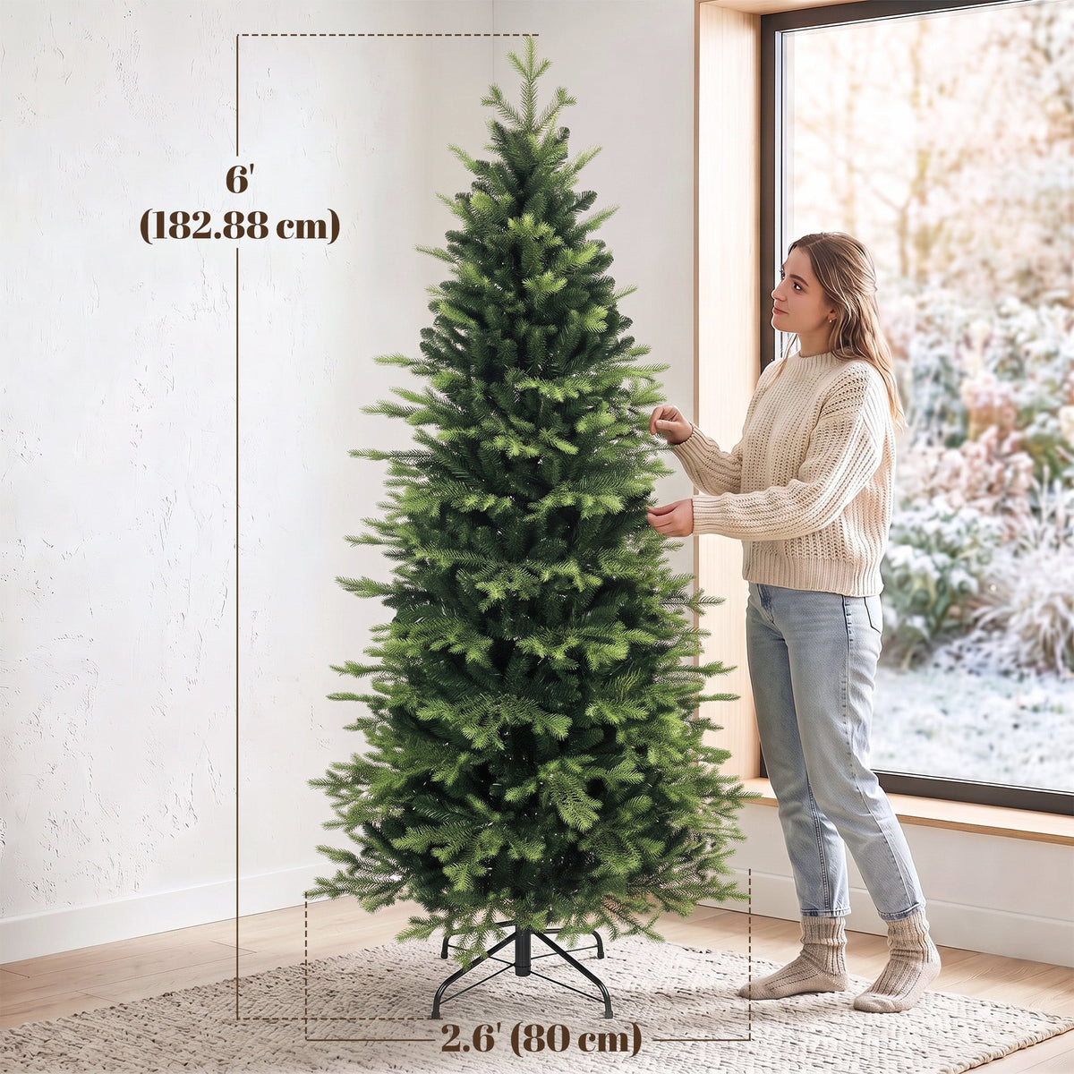 6ft/180cm Artificial Christmas Tree, Geneva Fir Hinged Xmas Tree with 1610 Branch Tips, Foldable Steel Stand, Easy Assembly for Home Office Holiday Decoration, Green