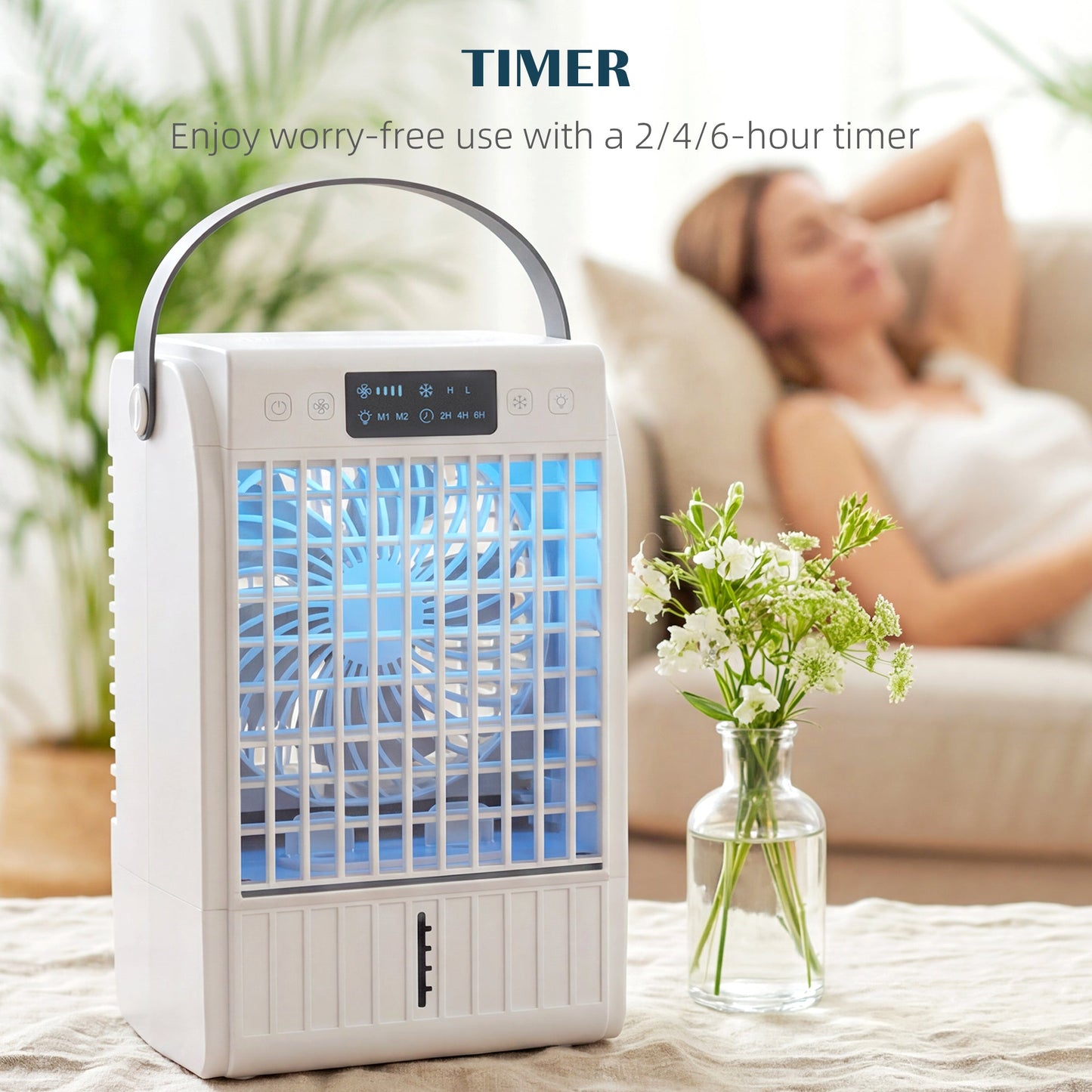 Portable Air Conditioner, 4-in-1 Mini Air Cooler with 4 Wind Speed, 2 Mist Mode, RGB 7 LED Light, 1500ml Water Tank, 2-6H Timer, Small Cooling Fan for Home, Office, Bedroom, White
