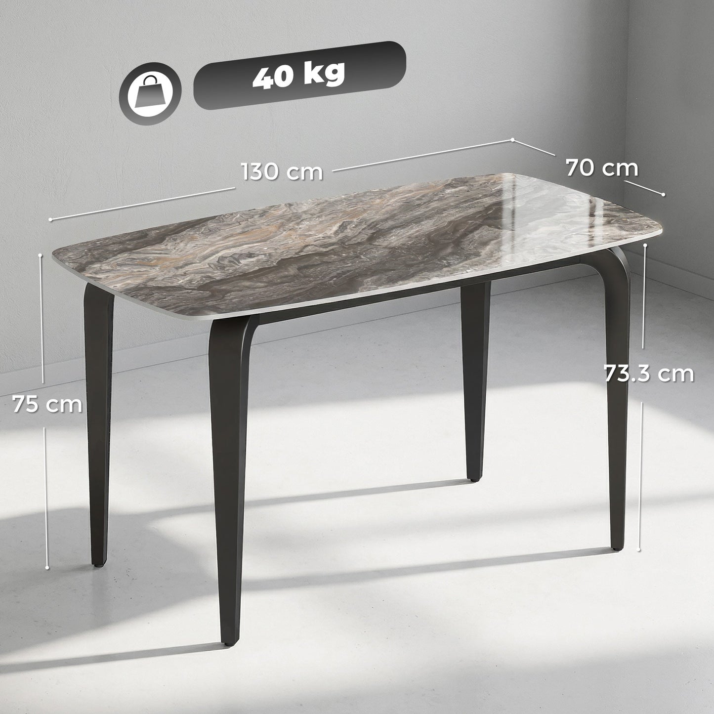 Dining Table for 4, 130W x 70D x 75H cm, Modern Kitchen Table with Sintered Stone Tabletop, Metal Legs for Dining Room, Kitchen, Living Room, Brown