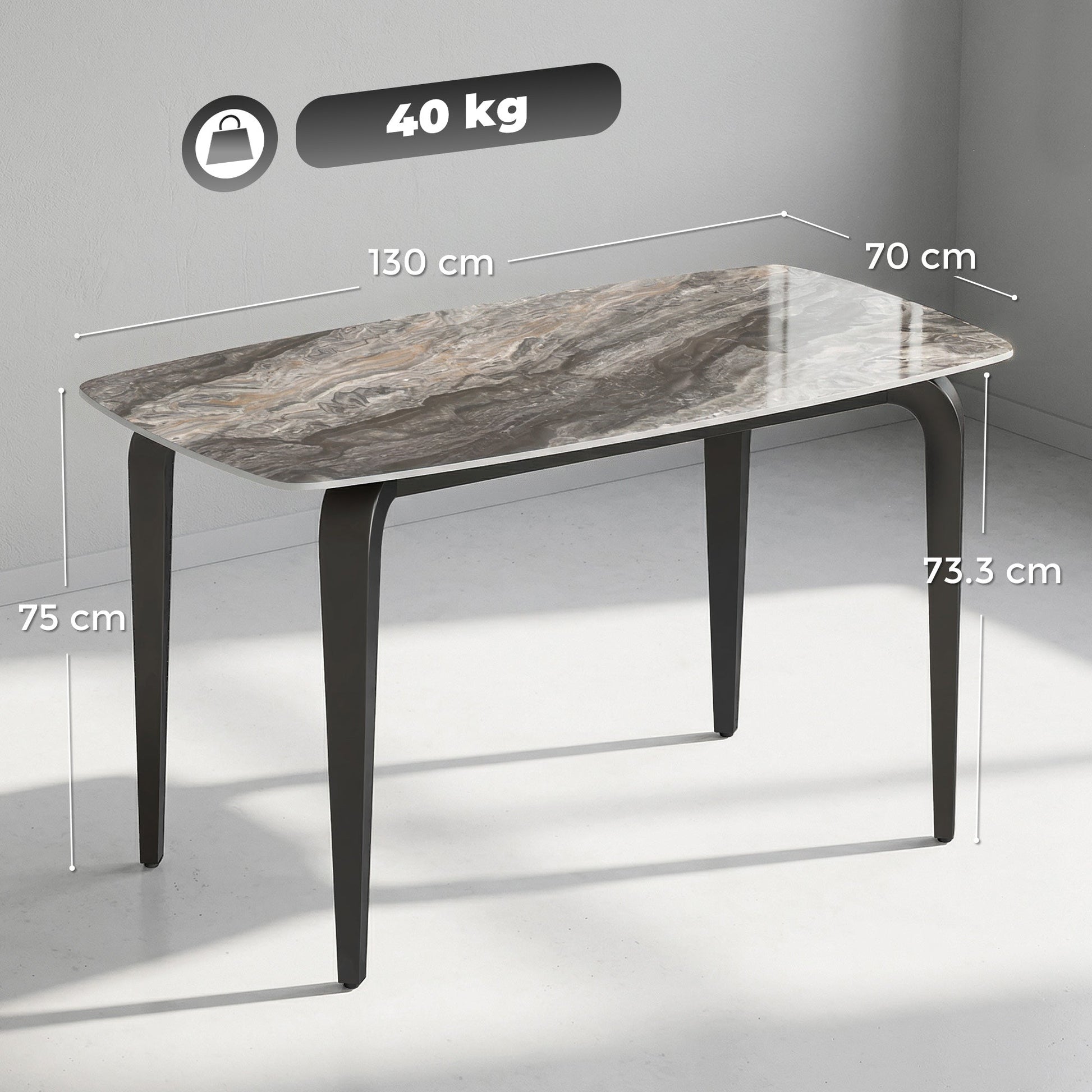 Dining Table for 4, 130W x 70D x 75H cm, Modern Kitchen Table with Sintered Stone Tabletop, Metal Legs for Dining Room, Kitchen, Living Room, Brown