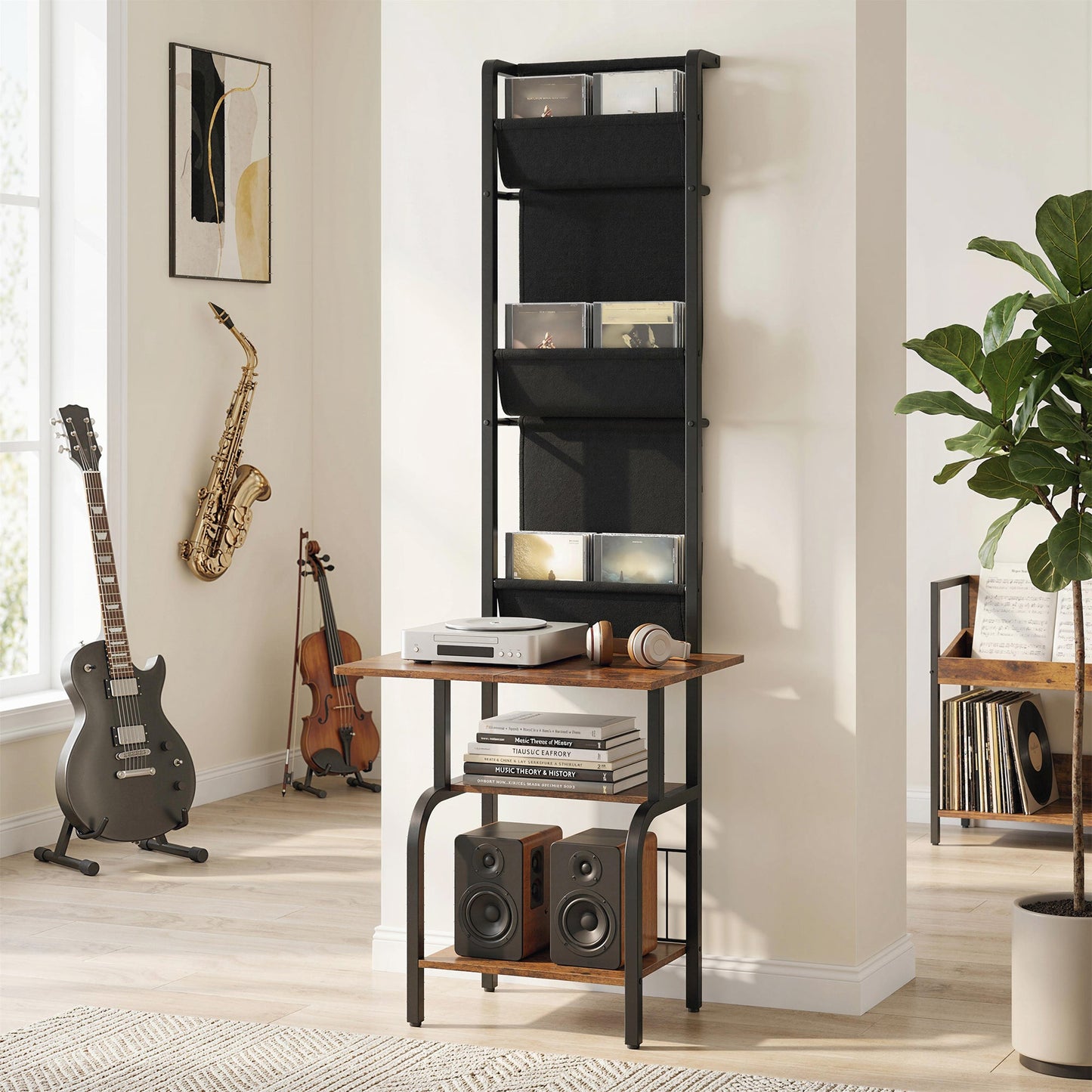 Vinyl Record Storage with Player Stand, Turntable Stand and Display Shelf, CD Storage Unit for Up to 40 CDs, Record Player Table for Living Room or Bedroom, Rustic Brown and Black