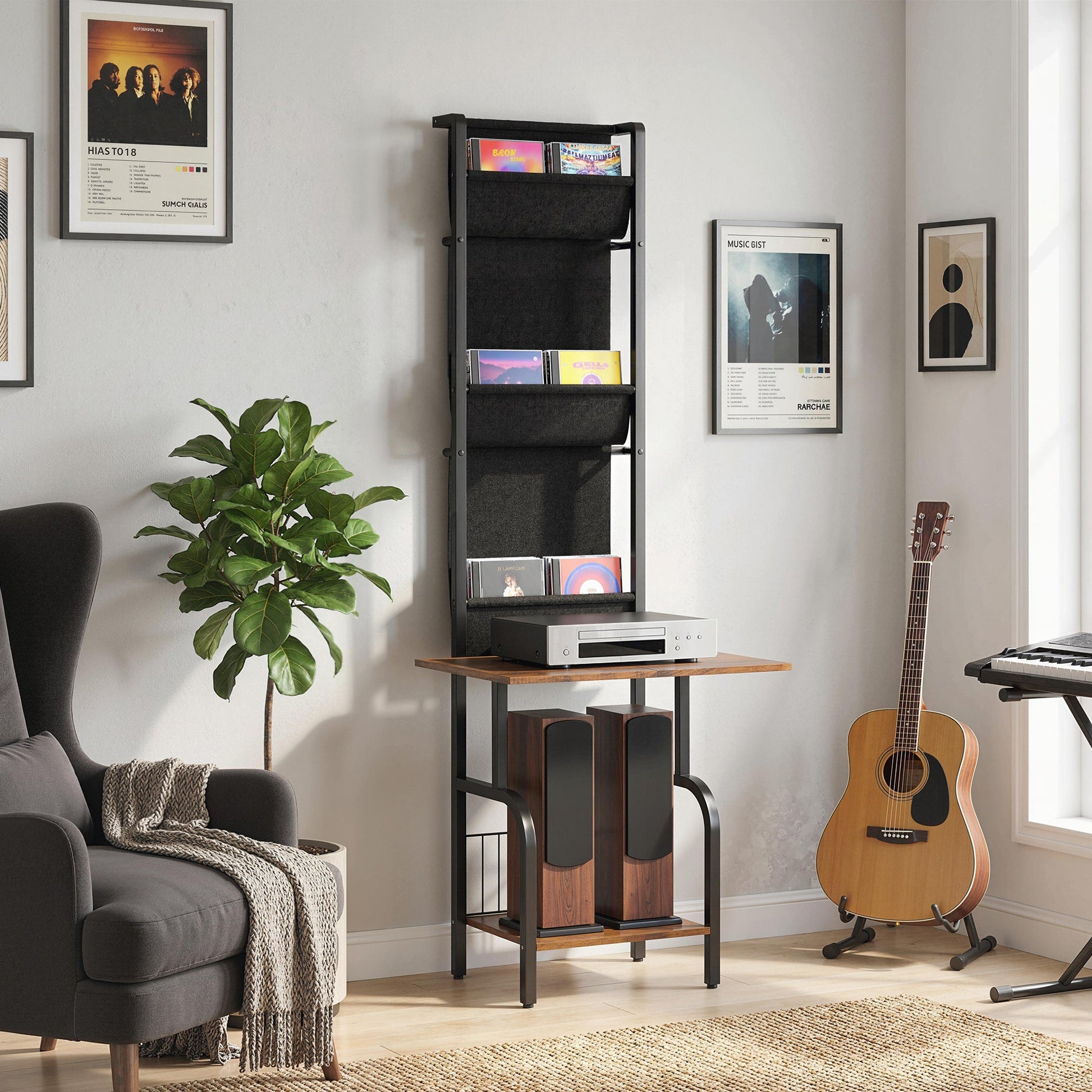 Vinyl Record Storage with Player Stand, Turntable Stand and Display Shelf, CD Storage Unit for Up to 40 CDs, Record Player Table for Living Room or Bedroom, Rustic Brown and Black